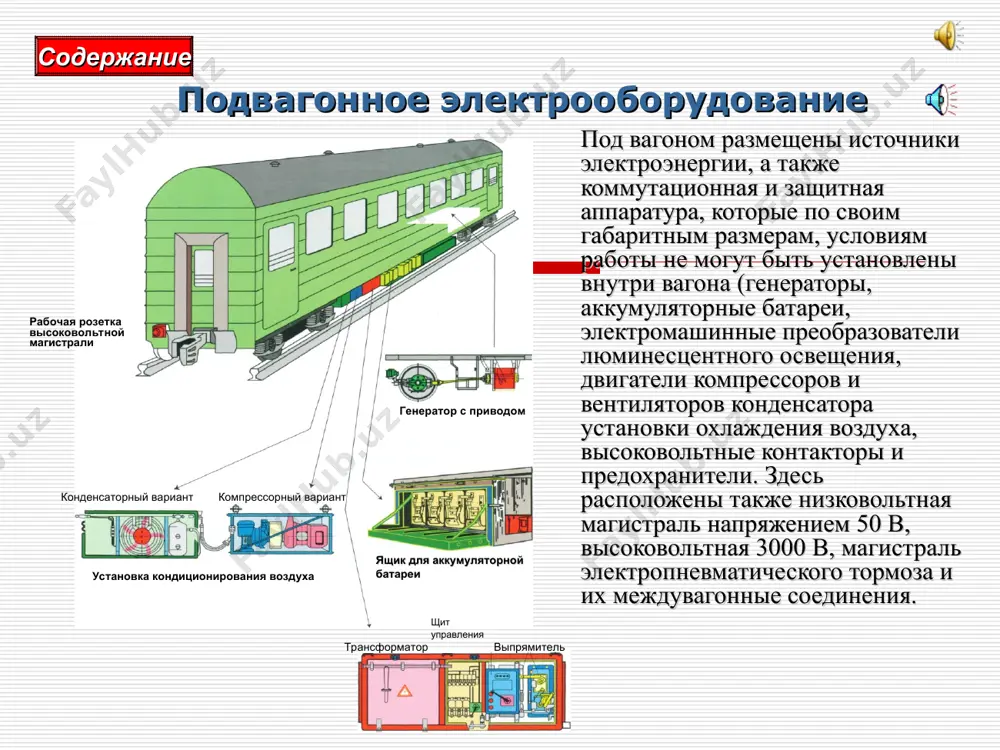 ощность: основной обмотки, ква……………………………….. 9,45 дополнительной обмотки, ква ……………………………………..0,45 номинальное напряжение: основной обмотки, в………………...45 в цепях потребителей, в……………………………………………. 50±3 номинальный ток: основной обмотки, а…………………………. 121 дополнительной обмотки, а……………………………………….. 31,5 коэффициент полезного действия при частоте вращения ротора генератора 950—4000 об/мин: генератора…………… 0,91—0,75 комплекса……………… 0,83—0,68 2.аккумуляторная батарея типа 38внж-300-у2, емкостью 300 а • ч. 3.подвагонная магистраль постоянного тока напряжением 50 в. 4.высоковольтная магистраль от локомотива с потребляемой мощностью 48 квт. содержание в состав комплекса входят: генератор переменного тока 2гв.003.13.у1; пульт управления 2пу.040.4уз; подвагонный высоковольтный ящик; аккумуляторная батарея 38тнж-350-у2; блок с терморезисторами 2ба.104.2у2. энергоузел комплекса позволяет обеспечивать электрической энергией вагонные потребители от четырех различных источников: двух собственных (подвагонного генератора с и аккумуляторной батареи ов) и двух внешних, подключаемых к вагону через высоковольтную и низковольтную поездные однопроводные магистрали. от высоковольтной поездной магистрали через вк получают питание нагревательные элементы котла отопления, а от низковольтной — цепи сети освещения (аварийного, служебного и ночного), а также цепи …