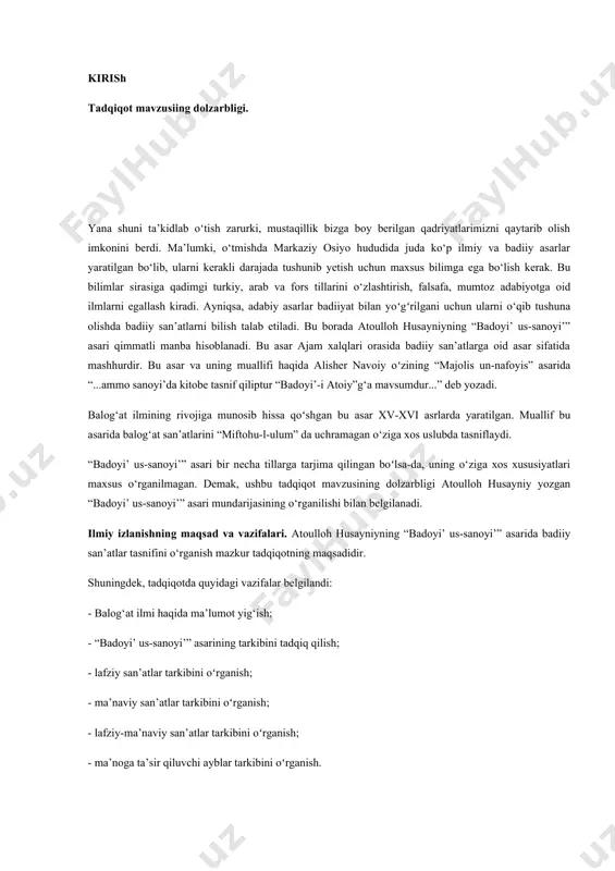 malari haqida ayrim maqolalar e’lon qilingan. lekin atoulloh husayniyning “badoyi’ us-sanoyi’” asarida badiiy san’atlar tasnifi xususida maxsus ilmiy-tadqiqot ishi olib borilmagan. tadqiqotning ilmiy yangiligi. atoulloh husayniyning “badoyi’ us-sanoyi’” asarida badiiy san’atlar tasnifi tadqiq qilindi. - adabiyotshunoslikda badiiy san’atlar talqini tadqiq qilindi; - she’rshunoslik ilmidagi “balog‘at” tushunchasi oʻrganilib, tahlil qilindi; - ilmi bayon, ilmi ma'oniy va ilmi badi’ tushunchalari oʻrganildi; - asarda keltirilgan ma’naviy, lafziy hamda lafziy-ma’naviy san’atlar alohida oʻrganilib, misollar vositasida sharhlashga, shuningdek, boshqa ilmiy asarlar bilan qiyosiy oʻrganishga harakat qilindi; - “badoyi’ us-sanoyi’” asarida alohida bob sifatida keltirilgan ma’noga ta’sir qiluvchi ayblar tahlilga tortildi. tadqiqot predmeti va ob’yekti. mazkur tadqiqot ishida asosiy manba sifatida a.rustamovning 1981-yil toshkentda nashr qilingan oʻzbekcha tarjimasi va qo‘shimcha manba sifatida hifnu nosifning “qovo‘idu-l-lug‘ati-l-arabiyya va-l-balog‘a”, ahmad taroziyning “funun ul-balog‘a” o‘zbek adabiyotshunoslarining tadqiqotlaridan foydalanildi. tadqiqotning ilmiy ahamiyati. mazkur bitiruv malakaviy ishining nazariy ahamiyati shundaki, bu mavzuning yoritilishi orqali “badoyi’ us-sanoyi’” asarining oʻziga xos xususiyatlari ochib berildi. …