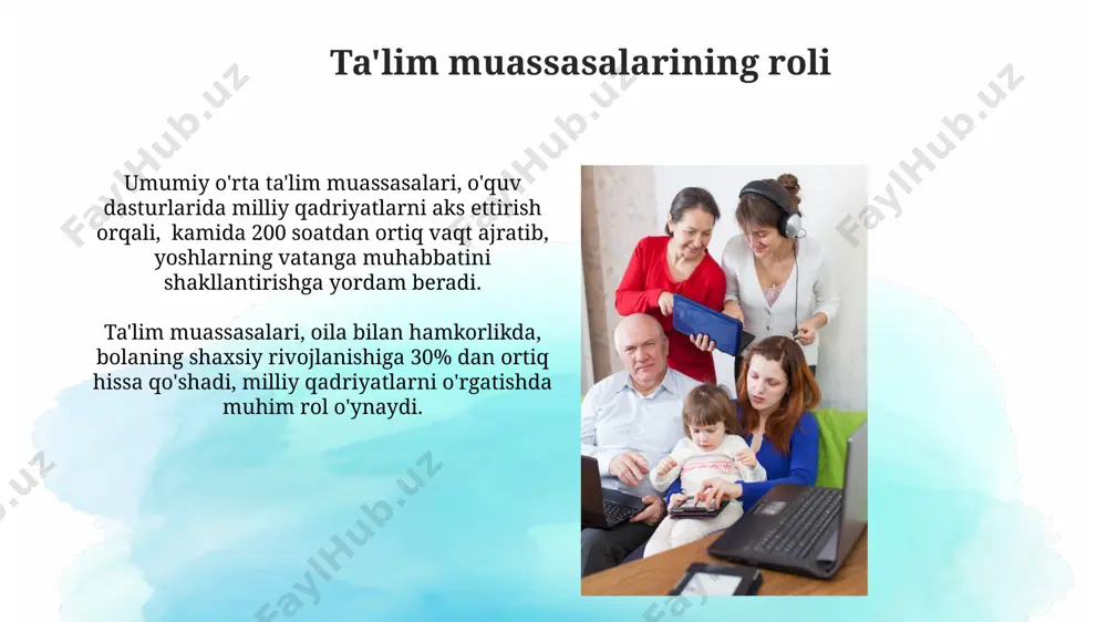 illiy g'ururini oshirish mumkin. oilada 5 yoshgacha bo'lgan bolaning shaxsiy rivojlanishiga ta'sir ko'rsatuvchi omillar orasida milliy urf-odatlar va qadriyatlar 70% ni tashkil etadi, shuning uchun ular ta'limning muhim poydevorini tashkil etadi. an'anaviy tarbiya uslublari an'anaviy tarbiya uslublari oilada 3 avloddan ortiq tajriba va bilimlarni o'zida mujassamlashtirib, bolaning shaxsiy rivojlanishiga 20 dan ortiq xalq maqollari va hikmatlar orqali ta'sir ko'rsatadi. an'anaviy tarbiya, bolani 12 yoshga to'lguncha 4 ta asosiy hayot ko'nikmalarini (o'qish, yozish, hisoblash, hunar) o'rgatishga qaratilgan bo'lib, uning mustaqil hayotga tayyorgarligiga katta ta'sir ko'rsatadi. xalq og'zaki ijodiyoti va tarbiya o'zbek xalq og'zaki ijodida uchraydigan 5 ta asosiy qahramon tipidan foydalanib, bolalarga jasorat, halollik, mehr-oqibat kabi fazilatlarni singdirish mumkin. bu, samarali tarbiya usuli hisoblanadi. og'zaki xalq ijodining didaktik funksiyasi, 10 yoshgacha bo'lgan bolalar uchun 70% dan ortiq bilim va tarbiya manbai bo'lib xizmat qilishi, ularning dunyoqarashini shakllantirishda muhim ahamiyatga ega. oila va maktabning hamkorligi maktab va oila o'rtasidagi muntazam muloqot, masalan, …