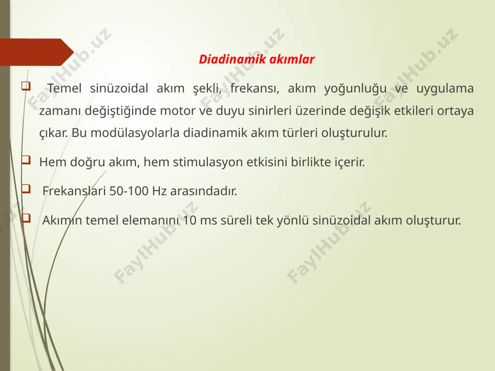 seansı süresi 10-12 dk’yi geçmez. 2 tedavi seansı süresi 24 saati aşmamalıdır. 24 saat içinde 2-3 tedavi yapılabilir. akım şiddetine göre hasta yavaşça artan iğnelenme / titreşim hisseder. yanma ağrısı/ tetanik kontraksiyon yoktur. 16 uygulama şeki̇lleri̇: sinirler üzerine uygulama paravertebral uygulama nokta şeklinde uygulama ganglionlara uygulama damarlar üzerine uygulama transrejyonel uygulama myonerjik uygulama elektrot ti̇pleri̇ plak elektrot, esnek metal plaka kalem elektrot , ayarlanabilir elektrot (çift halinde) kap elektrot - yoke ara madde: su ile ıslatılmış sünger / jel elektrot yerleşi̇mi̇ ağrılı bölge üzerine ağrılı bölgenin her iki yanına hedef kas ya da kas grubu üzerine bir elektrot ağrılı alana diğeri başka bir yere uygulama hasta hazırlanır temiz cilde elektrotlar uygun şekilde yerleştirilir. her zaman düz akım ile tedaviye başlanır (0,1-3 ma arası, 5-7 dk). düz akımın ardından difaz fikse (df) uygula (1-30 ma). düz akım ve df sonrası mf, cp, lp ya da rs uygulamalarından birini içeren kombinasyon uygulanır …
