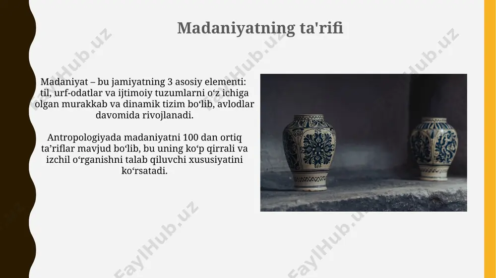 ogiya va madaniyat" o'rganishida 3 ta asosiy metodologiya – etnografiya, tarixiy tahlil va statistik usullar qo'llaniladi, bu esa madaniy hodisalarni ko'p qirrali tahlil qilish imkonini beradi. madaniyatning o'zgarishi madaniy o'zgarishlarning 70% ga yaqini ijtimoiy-iqtisodiy omillar, qolgan 30% esa siyosiy va ekologik omillar bilan bog'liq bo'lib, demografik o'zgarishlar ham muhim rol o'ynaydi. axborot texnologiyalari rivojlanishi madaniy almashinuvni 10 barobar tezlashtirib, madaniyatlarning bir-biriga singib ketishini (akkulturasyon) va madaniy hibridizatsiyani keltirib chiqardi. madaniyat va tarix madaniy merosni saqlash va asrash bo'yicha 20 dan ortiq xalqaro tashkilotlar bilan hamkorlikda amalga oshirilayotgan loyihalar madaniy boyliklarni kelajak avlodlarga etkazishda muhim rol o'ynaydi. madaniyatshunoslikda madaniy merosning 5000 yildan ortiq tarixiy davrni qamrab olganligi va bu davrdagi o'zgarishlarni o'rganish muhim ahamiyatga ega ekanligi ta'kidlanadi. e'tiboringiz uchun rahmat @taqdimot_robot image1.jpg image2.jpg image3.jpg image4.jpg image5.jpg image6.jpg image7.jpg image8.jpg image9.jpg image10.jpg image11.jpg image12.jpg image13.jpg image14.jpg image15.jpg image16.jpg image17.jpg