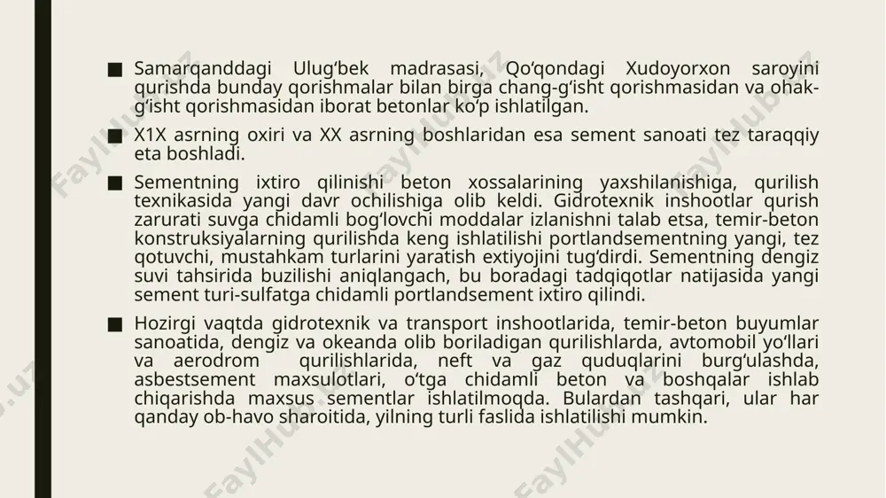 qotadi: qorilgandan so‘ng 30 minutdan keyin qota boshlab, uzori bilan 24 soatda qotib bo‘ladi. suv ta’siriga ancha chidamroq. siqilishdagi mustahkamlik chegarasi 1-20 mpa. suvoq qorishmalari va sun’iy marmar tayyorlash uchun ishlatiladi. gipsning bo‘sh holatdagi o‘rtacha zichligi holatdagisi 1,5 t/m3 gacha. o‘zbekistonda kuvasoydagi sement kombinatida, kogon shaxridagi grafik-gips kombinatida ishlab chiqariladi. o‘ta mustahkam gips angrendagi keramika kombinatida ishlab chiqariladi. sementlar sementlar havoda ham, suvda ham qota oladigan gidravlik bog‘lovchilar guruhiga kiradi. qurilishda sementlarning kuyidagi turlari ko‘proq qullaniladi: portlandsement (ko‘kimtir kulrang kukun) portlandsement gidravlik bog‘lovchilarning asosiy turi bo‘lib, bog‘lovchilarning boshqa turlari ana shu portlandsement asosida tayyorlanadi. u ohaktosh va gilni birga 1450os temperaturada kuydirish yo‘li bilan olinadi. portlandsement klinkerini kuyib solishtirma yuzasi 3000 sm2/g bo‘lgan kukun hosil qilinadi. bunda sementning qotish muddatlarini rostlash va uni suvga chidamli qilish uchun 10% gacha miqdorda aktiv mineral moddalar ko‘shiladi. portlandsement 400,500,55) va 600 markalarda ishlab chiqvriladi. portlandsementning markasini aniqlash uchun 1 nisbat sementga 3 nisbat …