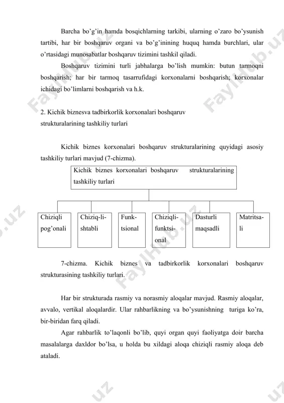 tarkib topgan umumiy manfaatlar, masalan, kasblar, qiziqishlar, sport bilan shug’ullanish yoki do’stona munosabatlar kiradi. norasmiy aloqalarga ham e’tibor berish kerak. chunki: · norasmiy aloqalar rasmiy strukturaning barcha bo’g’inlari bilan bog’langan bo’ladi; · qator munosabatlar ishdan tashqarida paydo bo’ladi va korxonaning barcha ishiga ta’sir ko’rsatadi; · norasmiy tizim o’zining ko’pgina ko’rsatkichlari bo’yicha korxona faoliyatining samarali tashkil qilinishiga imkon beradi. ammo norasmiy aloqalarning salbiy jihatlari ham yo’q emas. extiyotkorlik, sezgirlik yo’q bo’lgan joyda guruhbozlik, mahalliychilik, qarindosh-urug’chilik va shunga o’xshash ko’rinishlar paydo bo’lishi mumkin. 3 chiziqli (pog’onali) struktura chiziqli (pog’onali) struktura boshqaruv strukturasining eng sodda turi hisoblanadi. bunda boshqaruvning hamma funktsiyalari korxona rahbari qo’lida to’planib, barcha quyi rahbarlar va ishlab chiqarish yacheykalari unga bo’ysunadi. har bir rahbar o’ziga ishonib topshirilgan bo’linma faoliyatini yakkaboshchilik asosida boshqaradi va zarur qarorlarni mustaqil ravishda qabul qiladi. bo’ysunuvchi xodimlar faqat o’zlarining bevosita rahbarlarining farmoyishlarini bajaradilar. yuqori turuvchi rahbar xodimlarga o’zlarining bevosita boshlig’ini «chetlab» murojaat qilmasligi kerak. masalan, korxona …