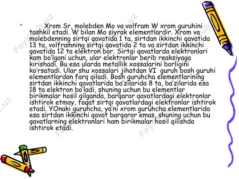 sh asboblari va qoshiq, pichoq kabi uy ro’zg’or buyumlari tayyorlanadi. bunday po’latlar zanglamas po’lat deb ataladi. kislotalar ishlab chiqariladigan zavodning uskuna va apparatlari 50-60% xromli qotishmalardan tayyorlanadi. xrom birikmalari. 2, 3 va 6 valentli xromning har xil birikmalari va cro, cr2o3 cro3 oksidlari bor. cro asosli oksid, cr2o3 , amfoter oksid, cro3 esa kislotali oksid. ikki valentli oksid. xromga xlorid kislota ta’sir ettirilsa, uning xloridi - crcl2, sulfat kislota ta’sir ettirilganda esa sulfati - crso4 hosil bo’ladi. bular ko’k tuslidir. crf2 yashil, crbr2 sariq, cri2 esa qizil tusli tuzlardir. cr2+ ga ishqor ta’sirida qo’ng’ir sariq tusli cr(oh)2 hosil bo’ladi. crcl2 + 2naoh = cr(oh)2 + 2nacl cr(oh)2 + h2so4 = crso4 + 2h2o cr(oh)2 → cro +h2o 3cro → cr2o3 + cr uch valentli xrom birikmalari. uch valentli xrom oksidi cr2o3 barqarordir. tabiatda xromning shu oksidi boshqa metallarning oksidlari bilan birga uchraydi (masalan, feo• cr2o3). olinishi. sanoatda toza xrom olish …