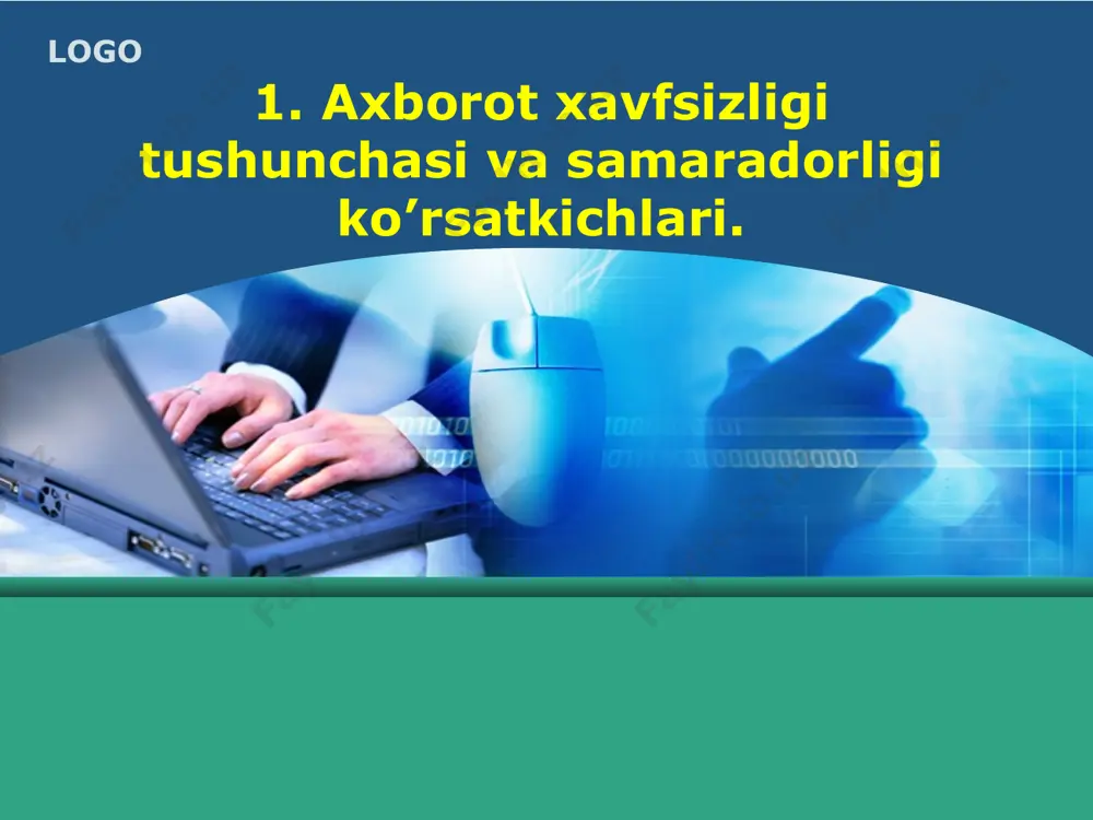 nuvchanlik xususiyati ma’lumotdan istalgancha, hech qanday to'siqlarsiz foydalanish imkoniyatini belgilaydi va u ochiq turdagi axborotlar uchun o‘rinlidir. company logo www.themegallery.com 1 - elektromagnit to‘lqin. 2 - parametrik to‘lqin. 3 - tebranma tovush to’lqin. 4 - elektr signali. yuqoridagi rasmlarda axborotdan ruxsatsiz foydalanishning mumkin bo’lgan kanallari tasvirlangan. company logo www.themegallery.com keyingi sxematik rasmda kompyuter tarmoqlarida axborot tashuvchi vositalar sxematik ko‘rinishda tasvirlangan: company logo www.themegallery.com . ushbu sxemadan aloqa tizimining ixtiyoriy qismida ruxsatsiz kirish imkoniyati mavjud ekanligi yaqqol ko‘rinmoqda. shu sababli, axborot xavfsizligini ta’minlash uchun foydalanuvchilarni identifikatsiyalash, autentifikatsiyalash, avtorizatsiyalash zarur bo’ladi company logo www.themegallery.com company logo www.themegallery.com axborot xavfsizligini ta’minlash tarkibiga ma’lumotlar resurslari barqarorligi hamda jamiyat va shaxsning axborotdan foydalanishdagi qonuniy huquqlari ta'minlanishi kiradi. axborot xavfsizligi quyidagi bosqichlarni o‘z ichiga oladi: himoyalash zarur bo‘lgan axborot va texnik resurslami aniqlash; axborotlarga tahdidlar va maxfiylikni buzish mumkin bo‘lgan tuynuklaming to‘la to‘plamini belgilash; axborot xavfsizligining zaifligi va xatarlarning darajasini baholash; muhofaza tizimiga qo‘yilgan talablarni aniqlashtirish; …