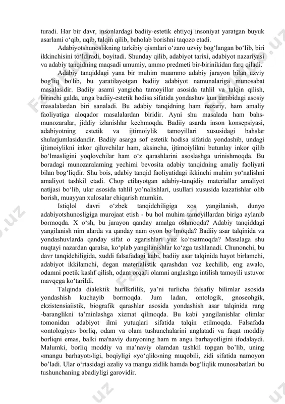 ibiy qismlari qonuniyati, ulaming so‘z san’ati takomilidagi rolini tadqiq etadi, badiiy asarlami tahlil qilish tam oyillari va ularga baho berish m e’yorlarini belgilaydi. adabiyot nazariyasi o‘tmish va bugungi kun adabiy-tarixiy jaiayonidan nazariy xulosalar chiqaradi, mavjud tajribalar asosida kelajak adabiyotining nazariy xossalari haqida bashorat qiladi. a dabiy tanqid asosan harakatdagi adabiy jarayonni tekshiradi, yangi paydo bo‘layotgan asariar talqin vositasida taraqqiyot tamoyillari haqida xulosa chiqaradi, adabiy jarayonga, yangi mezonlar shaklanishiga ta’sir etadi. adabiy tanqid zamonaviy badiiy asarlami xalq hayoti, uning estetik ehtiyoj va talablari jihatidan o‘rganadi, baholaydi, fazilat, nuqsonlarini anglaydi, yozuvchilaming ijodiy o‘sishlariga va adabiyotning ravnaqiga ko‘maklashadi. kezi kelganda ta'kidlash joizki, adabiy tanqidda tarixiy-funksional yondashuv tamoyili bo'lib, u vaqtivaqti bilan o‘tmishda yaratilgan badiiy qadriyatlarga murojaat etib turadi. har bir davr, insonlardagi badiiy-estetik ehtiyoj insoniyat yaratgan buyuk asarlami o‘qib, uqib, talqin qilib, baholab borishni taqozo etadi. adabiyotshunoslikning tarkibiy qismlari o‘zaro uzviy bog‘langan bo‘iib, biri ikkinchisini to‘ldiradi, boyitadi. shunday qilib, adabiyot tarixi, adabiyot nazariyasi …