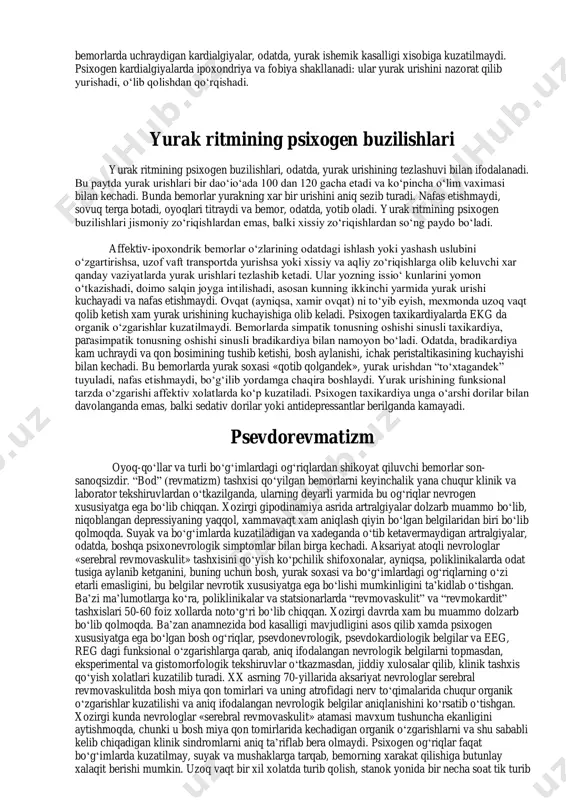 rkti» tashxisi bilan «tez yordam» mashinasida olib kelingan 200 bemorlarning deyarli yarmida tashxis tasdiqlanmagan va bu og‘riqlar psixogen xususiyatga ega bo‘lib chiqqan. xattoki baʼzi olimlarning (katon w. j., 2000), maʼlumotiga kura, kardialgiyalar bilan ambulatoriyalarga murojaat kiluvchilar soni 80 foizga teng. shuning uchun xam yurak soxasidagi og‘riqdan shikoyat qilgan har qanday bemor psixologik va kardiologik tekshiruvlardan o‘tishi lozim. demak, bu ikkala tekshiruvning birgalikda olib borilishi maqsadga muvofiqdir. o‘zbekistonda xam psixogen kardialgiyalar va aritmiyalar bir necha yillardan buyon o‘rganib kelinmoqda (r.d. kurbanov, a.i. xodjaev, t.o. abdullayev, 1998–2010). psixogen kardialgiyalar boshqa affektiv buzilishlar bilan birgalikda kuzatiladi. bular – o‘lim qo‘rquvi, «yurakka xavo etishmasligi», uning tez-tez yoki “to‘xtab-to‘xtab” urishi xamda «qizib ketishi yoki muzlab qolishi», «tomoqqa tiqilishi» va shu kabi simptomlardir. psixogen kardialgiyalarda bemorlar yurak soxasidagi bitta nuqtani barmog‘i bilan ko‘rsatishadi. bu nuqta, asosan, yurak uchiga to‘g‘ri keladi, bunda og‘riq bitta joyda doimo yoki ko‘chib-ko‘chib turadi. og‘riq joylashgan soxada kuchli psixogen giperesteziya xam aniqlanadi. …