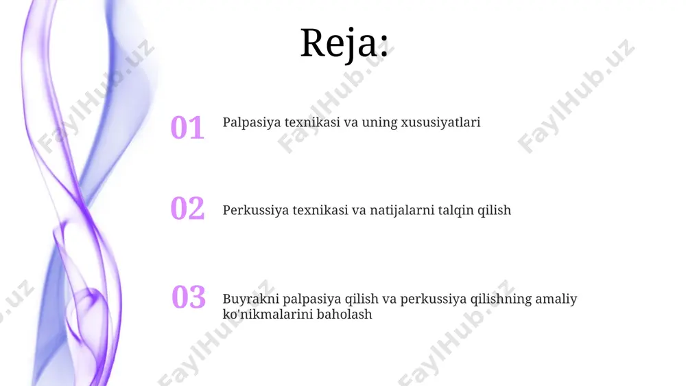 h, chuqur nafas olish va nafasni ushlab turishni talab qiladi, bu buyrakning pastki qirrasini aniqlashda yordam beradi, odatda 11-12 qovurg'alar oralig'ida. buyrakning perkussiyasi paytida son bo'shlig'ining old devoridan boshlanadi va yuqoriga qarab, buyrak mintaqasiga qarab harakatlanadi, bu buyrakning o'lchamlarini taxminan aniqlashga yordam beradi. palpasiya va perkussiya natijalarini taqqoslash palpatsiya buyrakning sirtini va tuzilishini aniqlashga imkon beradi, perkussiya esa uning kattaligini va joylashuvini taxminiy baholashga yordam beradi, bu ikki usul birgalikda qo'llanilganda aniqroq diagnostika ma'lumotlarini beradi. palpatsiya orqali aniqlangan buyrakning kattaligi va joylashuvi perkussiya natijalari bilan 1-2 sm farq qilishi mumkin, bu normal fiziologik o'zgarishlar bilan bog'liq bo'lishi mumkin. xulosa va savollar perkussiya orqali aniqlangan buyrakning o'lchamlari normal chegaralardan 2 sm dan ortiq farq qilishi patologiyaning belgisi bo'lishi mumkin. o'ng buyrak chap buyrakka qaraganda taxminan 1-2 sm pastda joylashganligi va palpasiya paytida bu farqni hisobga olish kerakligini yodda tuting. buyrakni perkussiya qilishga tayyorgarlik bemorning tanasini palpatsiya va perkussiya qilish uchun tayyorlashda, …