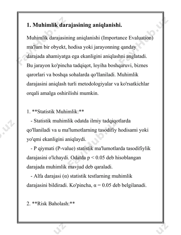 ahlilni taqdim etishi mumkin. 2. muhimlik darajasining audit jarayonida roli. muhimlik darajasining audit jarayonidagi roli juda muhim va murakkab tushuncha bo'lib, bu jarayon audit ishlarining samaradorligi va aniqligini ta'minlashga katta ta'sir ko'rsatadi. muhimlik darajasi, auditni amalga oshirishda qabul qilinadigan xatolar yoki noto'g'ri bayonotlarning jiddiyligini baholashga yordam beruvchi mavjud kategoriyalardan biridir. muhimlik darajasi qanday aniqlanishi va uning audit jarayonidagi roli quyidagicha tushuntirilishi mumkin. avvalo, muhimlik darajasi auditorlar tomonidan moliyaviy hisoboting muhimligini baholash usuli sifatida qo'llaniladi. auditorlar, odatda, moliyaviy hisobotlarda aniqlangan noto'g'ri ma'lumotlar yoki xatolar investorlar va aksiyadorlar uchun qanchalik muhim yoki esda qolarli bo'lishi mumkinligini tahlil qiladilar. shuningdek, muhimlik darajasi moliyaviy hisobotda yoki uning har qanday segmentida xato yoki izlanuvchanlik mavjud bo'lsa, bu umumiy qaror qabul qilish imkoniyatiga qanday ta'sir qilish mumkinligini baholashda ham yordam beradi. muhimlik darajasi aniqlanganidan so'ng, auditor auditing rejasi va strategiyasini shakllantirish uchun bu darajadan foydalanadi. ushbu strategiya bosqichlari quyidagilardan iborat bo'lishi mumkin: moliyaviy hisobotlardagi asosiy sohalarga …