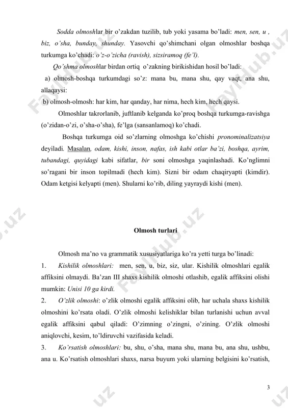 arlarda nechuk, ne, na so’roq olmoshlari ishlatiladi. so’roq olmoshlari kelishik, egalik affikslari bilan turlana oladi. 5. belgilash-jamlash olmoshlari: har kim, har, har nima, har qanday, har qaysi, har bir; hamma, bari, jami, barcha, butun, yalpi. belgilash olmoshlari gapda ega, to’ldiruvchi, aniqlovchi va hol bo’lib keladi. 6. bo’lishsizlik olmoshlari: hech kim, hech qanday, hech nima, hech qaysi. bu olmoshlar ot, sifat, son kabi so’z turkumlari anglatgan ma’no haqidagi inkorni bildiradi. ma’no jihatdan belgilash olmoshlariga zid. bo’lishsizlik olmoshi ot vazifasida keladi. 7. gumon olmoshlari: allakim, allaqanday, allaqaysi, kimdir, nimadir, allanima, allaqachon, allaqanaqa. gumon olmoshlari predmet, belgi yoki hodisa haqidagi noaniq tasavvurni bildirib, ularga umumiy va taxminli ishora qiladi. gumon olmoshlari ot, sifat xarakterida bo’ladi. belgilash, bo’lishsizlik, gumon olmoshlari sodda yoki qo’shma holda bo’ladi. fe’l ish-harakatni bildirgan so’zlar turkumi fe’l deyiladi. fe’l quyidagi xususiyatlarga ega. fe’l tuslanadi. fe’l turkumidagi so’zlarning shaxs-son qo’shimchalarini olib o’zgarishi tuslanish deyiladi. shaxs-son qo’shimchalari tuslovchi qo’shimchalar deyiladi. tuslanish fe’lning …