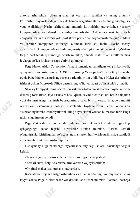 arini oxirigacha tayyorlash; •kerakli surat, belgi va chizmalarni yaratish va joylashtirish; •original maket (asl nusha) ni tayyorlash. ko’rsatilgan rejani amalga oshirishda va ar bir sahifaning umumiy ko’rinishini tayyorlashda page maker nashriyot dasturi ishlatilishi mumkin. sahifani nashrga tayyorlash uchun qo’lyozmaning matn va suratlarini qanday tartibda joylashtirish masalasini hal qilish lozim bo’ladi. ana shundan so’ng, page maker dasturi yordamida asl nusha maketi tayyorlanadi. agarda qo’lyozma xajmi ma’lum bo’lsa, sahifaning katta- kichikligini, suratlar va chizmalar egallaydigan joylarni, har bir sahifadagi ustunlar sonini va matning bosib chiqarish ko’rinishini aniqlashimiz va sarlavhalarni turli ko’rinishlarda ko’rib chiqishiimz mumkin. dasturda 17 xil ko’rinishda to’g’ri chiziq, aylana va to’g’ri to’rtburchak belgilarini chizishimiz mumkin. page maker dasturi uchun boshlang’ich matnni ixtiyoriy matn muharririda tayyorlash mumkin. lekin bu muharrirlar yordamida bir sahifada turli shriftlarda matn yozish va shu kabi bir qancha amallarni bajarish ancha qiyinchilik tug’diradi. nashriyot dasturlari esa matnni formatlashtirish uchun maxsus tuzilgan dasturlardir. ushbu dastur turli matn muharrirlarida …