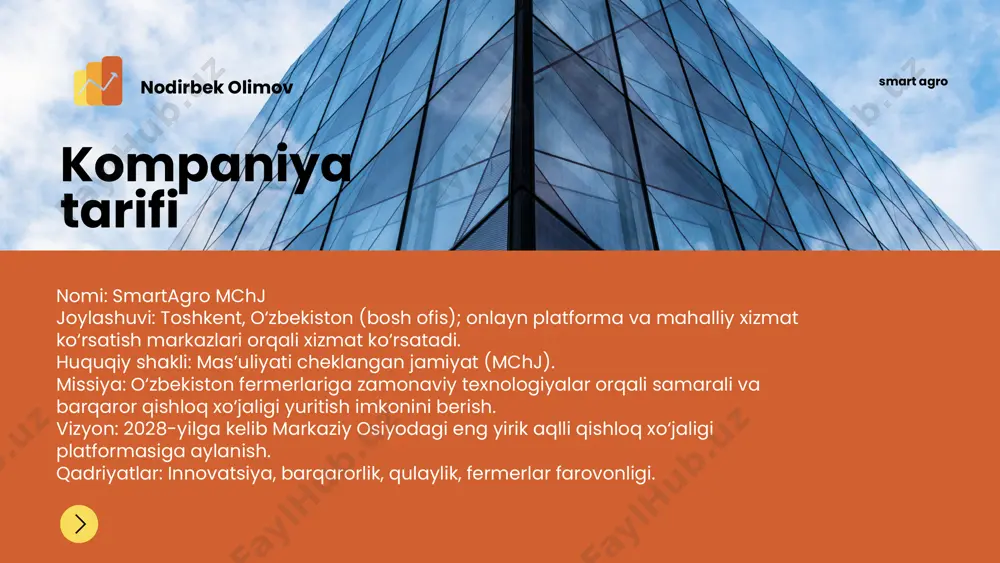 lar, mahalliy bozorga moslashuv past). davlat loyihalari: “aqlli qishloq xo‘jaligi” dasturi, lekin keng ko‘lamli amalga oshirish hali boshlangan. mahsulot va xizmatlar asosiy xizmatlar: iot asosidagi monitoring: tuproq namligi, harorat va ozuqa moddalari tahlili uchun sensorlar. ai prognozlari: ob-havo, zararkunandalar va hosil prognozlari. dron xizmatlari: ekinlar holatini skanerlash va pestitsid sepish. mobil ilova: real vaqt rejimida ma’lumotlar va maslahatlar. korporativ yechimlar: yirik fermer xo‘jaliklari uchun maxsus tahlillar va integratsiya. afzalliklar fermerlar uchun xarajatlarni 20% ga kamaytirish (suv va o‘g‘it tejash orqali). hosildorlikni 15-30% ga oshirish (fao ma’lumotlari asosida). mahalliy iqlim va tuproq sharoitlariga moslashtirilgan yechimlar. inovatsiin jihatlari: ai asosidagi shaxsiy maslahat tizimi. gamifikatsiya: fermerlar uchun ball to‘plash va chegirmalar tizimi. o‘zbekistonda ishlab chiqarilgan arzon iot sensorlari. marketing va sotuv strategiyasi ijtimoiy tarmoqlar: instagram, telegram, youtube’da fermerlar uchun bepul vebinarlar va reklama. o‘zbekistonda telegram foydalanuvchilari 2024-yilda 10 milliondan oshgan (datareportal). hamkorliklar: qishloq xo‘jaligi vazirligi, it park va fermerlar uyushmalari bilan hamkorlik. bepul …