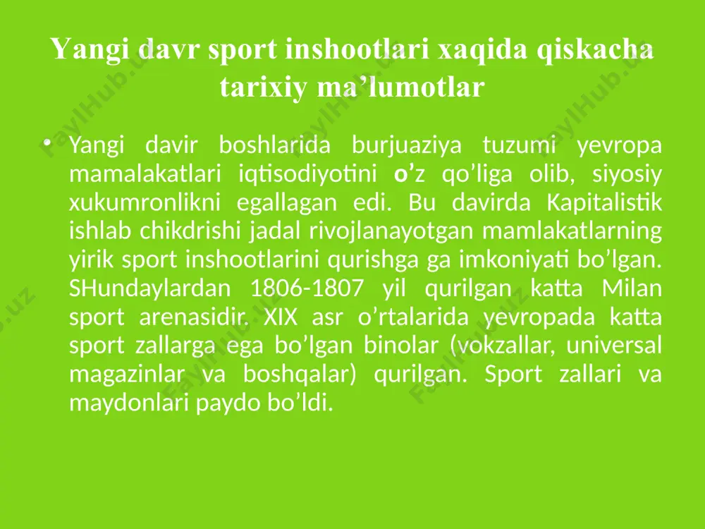 hlanishigacha qadimgi afina stadioni qayta qurilgan. biroq, stadionda futbol maydoni bo’lmagan. asosan stadion arenalarida gimnastika, yengil atletika musobakdlari (100, 400, 800 va 1500 m ga yugurish, 110 m ga to’siqdar osha yugurish, sakrash, disk uloqtirish) o’tkazilgan. zamonaviy olimpiayda sport inshootlari. ii olimpiada o’yinlari (1900 y.) fransiyaning parijdagi bulon o’rmonida bo’ldi. ii olimpiada ochilishiga xech qanday maxsus sport inshooti qurilmagan. bulon o’rmoni tekisligida fakatgina 313 m uzunlikka yugurish yo’lakchalari belgilangan bo’lib. disk uloqtirish shu o’rmonning boshqa maydonchasida bajarilgan. hozir u esdalik sifatida temir beton tusiq bilan to’silgan. iii olimpiada o’yinlari amerikaning sent-luis shaxrida (1904 y.) bo’ldi. sent-luisda ham xech qanday maxsus sport inshooti qurilmagan. iv olimpiada o’yinlari (1908 y.) angliyaning london shaxrida bo’lgan. london stadioni bizning eramizning birinchi olimpiada stadioni hisoblanib, uning tribunasiga 70000 tomoshabin sig’gan. stadionda futbol maydoni, yugurish yo’lakchasi, velotrek, suv xavzasi bo’lgan. v olimpiada o’yinlari (1912 y.) shvesiyaning stokgolm shaxrida bo’lgan. stokgolmda juda qulay stadion qurilib, to bizning …