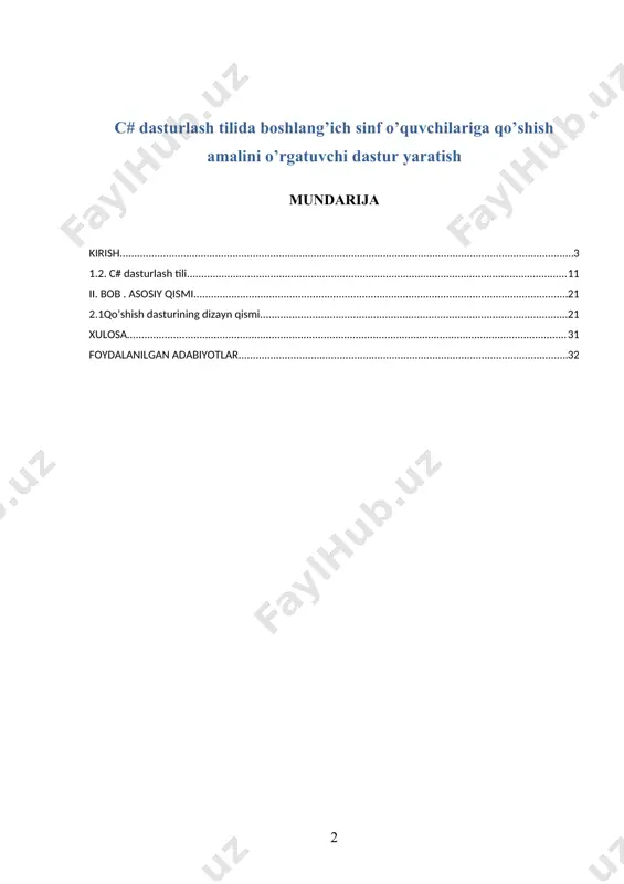 arziga, maktab va oliy o`quv yurtlariga jadallik bilan olib kirish g‘oyasi ilgari surilgan edi. prezidentimiz tashabbusi bilan o`zbekiston respublikasi vazirlar mahkamasining 2001-yil 23- maydagi 230-sonli «2001—2005 yillarda kompyuter va axborot texnologiyalarini rivojlantirish», shuningdek, «internet»ning xalqaro axborot tizimlariga keng kirib borishini ta`minlash dasturini ishlab chiqishni tashkil etish chora-tadbirlari to`g‘risida»gi qarorlari qabul qilindi. oradan bir yil o`tgach, 2002-yil 30-mayda o`zbekiston respublikasi birinchi prezidentining «kompyuterlashtirishni yanada rivojlantirish va uning ijrosini amalga oshirish yuzasidan vazirlar mahkamasining 2002-yil 6-iyundagi «2002—2010 yillarda kompyuterlashtirish va axborot-`kommunikatsiya texnologiyalarini rivojlantirish dasturi» to`g‘risidagi qarori e`lon qilindi. ta`lim sifatini oshirish bugungi kunning asosiy vazifalaridan biridir. chunki bugungi kunda insoniyat rivojlanishi shunday bosqichga etib bordiki, bu bosqichda inson aql-zakovati, bilimi va uning mutaxassis sifatidagi malakasi hal qiluvchi ro‘l o`ynaydigan bo`lib qoldi. ta`lim sifatini oshirish o`quv dargohlarini zamonaviy o`quv rejalari, dasturlar, o`quv jihozlari bilan ta`minlash, yangi darsliklar va qo`llanmalarni yaratish, ilg`or pedagogik texnologiyalarni joriy etishni taqazo etadi. albatta, jihozlar, darsliklar, texnologiyalar ham ushbu …