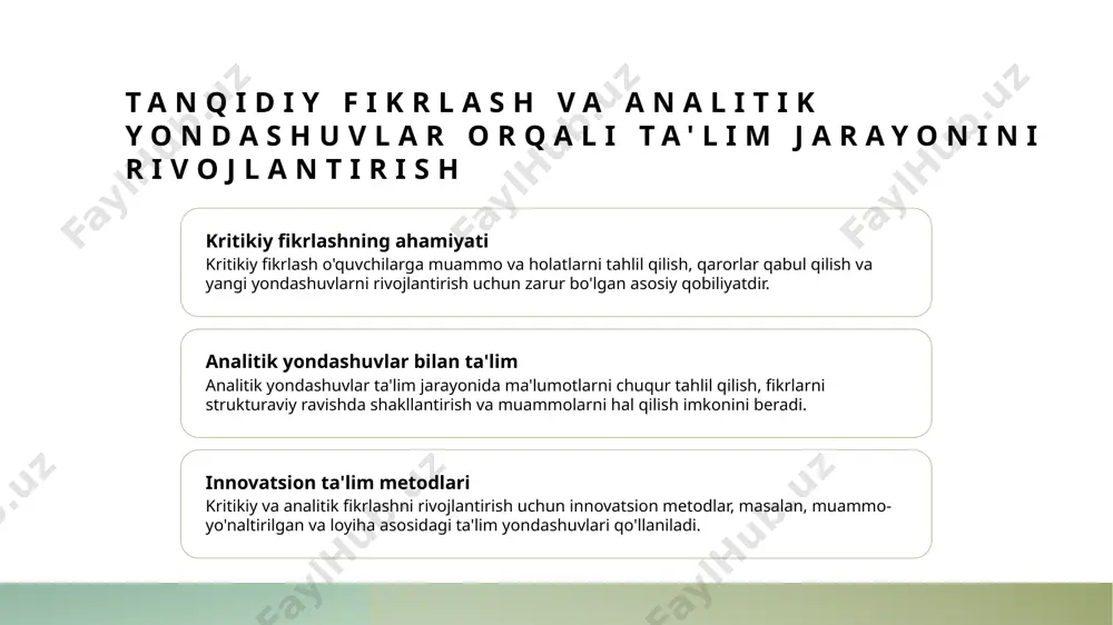 sion yondashuvlar ta'limda kelajakda innovatsion metodlar va texnologiyalar ta'lim jarayonini yanada interaktiv, samarali va moslashuvchan qilish uchun muhim ahamiyat kasb etadi. 2 texnologik rivojlanish sun'iy intellekt, virtual haqiqat va onlayn platformalar ta'limda yangi imkoniyatlar yaratib, o'quvchilarning tanqidiy fikrlashini rivojlantirishga yordam beradi. 3 pedagogik transformatsiya kelajakda pedagogik yondashuvlar, o'qituvchilarning roli va metodikalar o'zgarishi bilan, ta'lim sifatini oshirish hamda kreativ va tanqidiy fikrlashni kuchaytiradi. innovatsion yondashuvlarning ta'lim jarayoniga ta'siri innovatsion texnologiyalar zamonaviy texnologiyalar ta'lim jarayonini samarali qilishda muhim rol o'ynaydi, interaktiv darslar va onlayn platformalar orqali bilimga erishishni osonlashtiradi. muloqot va hamkorlik innovatsion yondashuvlar talabalarning jamoaviy ishlash qobiliyatini rivojlantiradi, muammolarni birgalikda hal qilish va fikr almashishni kuchaytiradi. individual yondashuv innovatsion metodlar har bir talabaning ehtiyojlari va qobiliyatlariga moslashtirilgan ta'limni ta'minlaydi, shaxsiy rivojlanish va muvaffaqiyatni oshiradi. ijodiy fikrlash va muammo yechimi yangi yondashuvlar talabalarda ijodiy fikrlashni rivojlantiradi, muammolarni innovatsion usullar bilan hal qilishga o'rgatadi. kreativ pedagogika metodlari va ularning rivojlanish istiqbollari innovatsion metodlar …