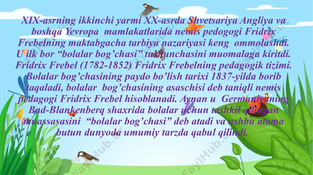 biyaviy ish saviyasini oshirishga yordam berdi. tarbiyaviy ish mazmuniga muayyan tizim, xilma-xil ish shakllari kiritildi. lekin maxsus tayyorgarlikka ega bo‘lgan tarbiyachilar bo‘lmaganligi sababli ko‘pincha bog‘cha tarbiyaviy ishining mazmuni betartib amalga oshirilar edi.1903-1914 yillar davri maktabgacha tarbiya sohasidagi ta’lim-tarbiya g‘oyalarining jadal suratda o‘sishi bilan xarakterlanadi. sirdaryo, samarqand, toshkent shahrida bolalar bog‘chalari kabi ayrim bog‘chalar yuzaga keldi.1909-1910 yillarda va keyinchalik xususiy bog‘chalar paydo bo‘ldi: ulug‘ vatan urush yillarida o‘zbekistonda bolalar bog‘chalari va bolalar maydonchalarining tarmog‘i deyarli ikki barobar kengaydi. 1994 yil 1-yanvariga kelib, maktabgacha ta’lim-tarbiya tizimida 54 ming bola tarbiyalandi. ana shu maqsad uchun davlat tomonidan 77 million so‘m ajratildi. bu yillarda o‘zbekistonning bolalar bog‘chalarida ko‘chirib keltirilgan 16.000 dan ko‘proq bolalarni tarbiyalandi. shuningdek, ota-onasiz qolgan qariyb 400 nafar bolani vasiylikka olish tamoyiliga muvofiq boqib, tarbiyalab katta qilindi. taʼlim sohasini isloh qilish bugun hukumatimiz diqqat eʼtiborida turgan dolzarb sohalardan biri, desak mubolagʻa boʻlmaydi. soʻnggi yillarda maktabgacha taʼlim tizimini isloh qilish va rivojlantirishga qaratilgan …