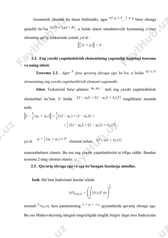 eng yaxshi yaqinlashtirish elementining mavjudligi va yagonaligi haqidagi teoremalar - Page 5
