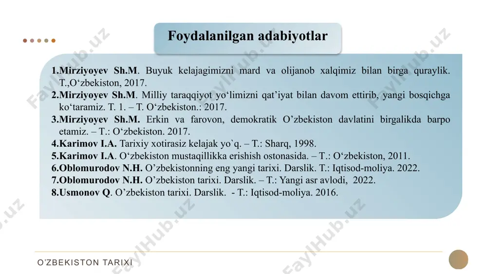r bo’lib, ular voqea va xodisalarni bir butun va yaxlitlikda qamrab oladi. o’zbekistonning eng yangi tarixi fani obekti mustaqillik yillarida sodir bo’lgan barcha voqea va hodisalardir o‘zbekistonning eng yangi tarixi fanining predmeti 8 “o‘zbekistonning eng yangi tarixi” fanining uslubiy tamoyillari” tarixiylik tamoyili xolislik tamoyili manbalar bilan asoslanganlik tamoyili o‘zbekiston tarixining mintaqa va jahon tarixi bilan bog‘liqligi tamoyili o’zbekiston tarixi o‘zbekistonning eng yangi tarixi fanining maqsadi 9 o‘zbekiston tarixini o‘qitish orqali o‘quvchilar yurtimiz hududida kechgan ijtimoiy-siyosiy jarayonlarni mustaqil tahlil qilishga o‘rganadi, mazkur jarayonlarning rivojlanish qonuniyatlari, sabab va oqibatlarini tushunib hamda ochib berish orqali yoshlarning ilmiy dunyoqarashlarini shakllantirish, ularning ma’naviy-ma’rifiy salohiyatlarini yuksaltirish ajdodlar an’analariga sadoqat, milliy o‘zlikni anglashga o‘rgatish asosiy maqsad qilib belgilanadi. o’zbekiston tarixi o‘zbekistonning eng yangi tarixi fanining vazifalari 10 o‘zbekiston tarixi fani jahondagi ilg‘or, taraqqiyparvar, demokratik kuchlar hamda davlatlarning tajribalarini umumlashtirish asosida xalqimizda yangicha ijtimoiy-siyosiy dunyoqarash madaniyatini shakllanti-rish, taraqqiyotning umum e’tirof etilgan tamoyillariga asoslangan yo‘llarini to‘g‘ri belgilab olishga ko‘maklashish, …