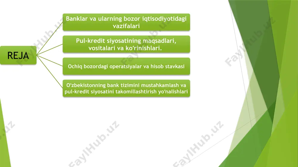 alaridan majburiy ravishda axborot, oylik hisobot va yillik yakuniy balans ma’lumotlarini taqdim etish asosida qatnashadi. kredit muassasalarining boʻysunishiga qarab bank qonunchiligi hamda kredit tizimining pastdan yuqoriga tomon tarkibiy tuzilishiga muvofiq tarzda bank tizimini ikki asosiy: bir bosqichli va ikki bosqichli turga ajratish mumkin. bir bosqichli bank tizimi doirasida barcha kredit muassasalari, jumladan, markaziy bank ham, yagona bosqichda turadi hamda mijozlarga kredit - hisob xizmati koʻrsatishda bir xil vazifalarni bajaradi. ikki bosqichli tizimda banklar oʻrtasidagi oʻzaro munosabatlar boʻyiga (vertikal) va eniga (gorizontal) yoʻnalishlarida tuzilishiga asoslanadi. vertikal – rahbarlik qiluvchi, boshqaruvchi markaz hisoblangan markaziy bank bilan quyi boʻgʻinlar – tijorat va ixtisoslashgan banklar oʻrtasidagi boʻysunish munosabatlari, gorizontal-turli quyi boʻgʻinlar oʻrtasidagi teng huquqli sheriklik munosabatlari tushuniladi. pul kredit siyosatini amalga oshirishning pirovard maqsadlari iqtisodiy oʻsish, toʻliq bandlikni, baholarning hamda toʻlov balansining barqarorligini ta’minlashdan iborat. bu maqsadlarga erishish uchun milliy valyutani muomaladagi pul massasi, foiz stavkasi va milliy valyuta almashinuv kursining optimal kattaliklarini ta’minlab …