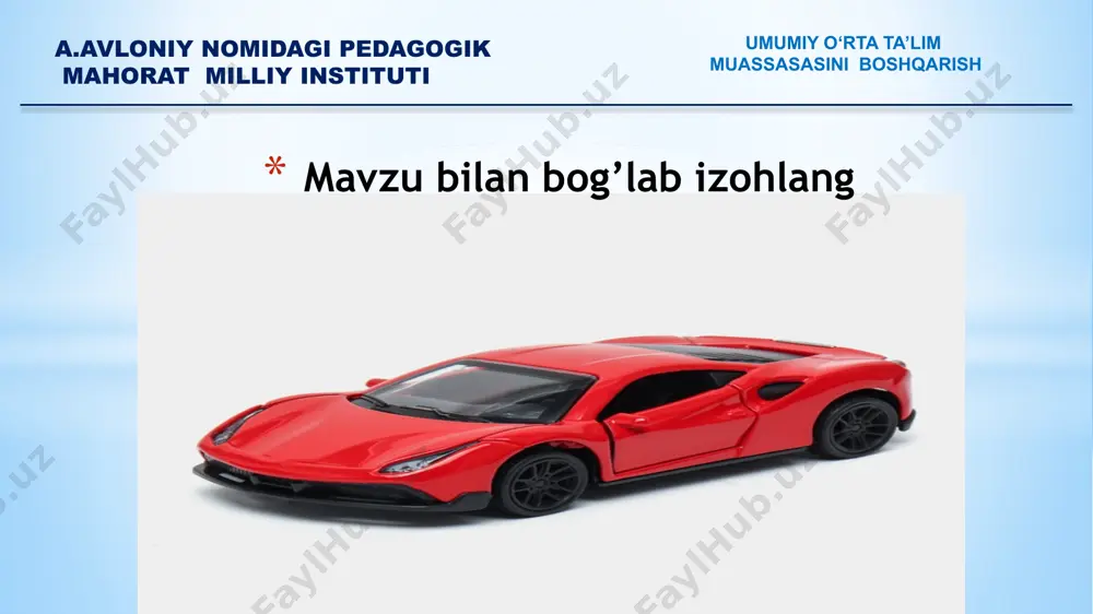 uvchilari ingliz tili fanidan yangi baholash tizimi asosida (formativ va summativ) baholanmoqda. o‘qituvchi dars davomida formativ baholash uchun turli topshiriqlar beradi va o‘quvchilarni og‘zaki rag‘batlantiradi, biroq aniq mezonlarni tushuntirib bermaydi. oy oxirida summativ baholash o‘tkaziladi, ammo natijalar o‘quvchilar kutganidek chiqmaydi. ko‘pchilik o‘quvchilar past ball oladi va bunga norozi bo‘ladi. muammo o‘quvchilarga baholash mezonlari oldindan ochiq-oydin tushuntirilmagan. formativ baholash rasmiy qayd etilmagan, faqat og‘zaki rag‘batlantirish bilan cheklangan. o‘quvchilar summativ baholashda nima asosida baholanayotgani haqida aniq tasavvurga ega bo‘lmagan. oraliq tahlil va fikr-mulohaza (feedback) yo‘qligi sababli o‘quvchilar o‘z kamchiliklarini bilmagan. bu vaziyatdan chiqish yo‘llari: baholash mezonlarini dars boshida tushuntirish va yozma shaklda taqdim etish. formativ baholashni hujjatlashtirish (yoki elektron platformaga kiritish) va muntazam ravishda fikr bildirish (feedback) berish. o‘quvchilarga o‘z-o‘zini baholash va juftlikda baholash imkonini yaratish. summativ baholashdan oldin tayyorlov mashqlari yoki oraliq testlar tashkil etish. muammoli vaziyat muammoli vaziyat tahlili 1 muammo sabab kutilayotgan oqibat ta’sir etuvchi omil taklif etilayotgan yechim …