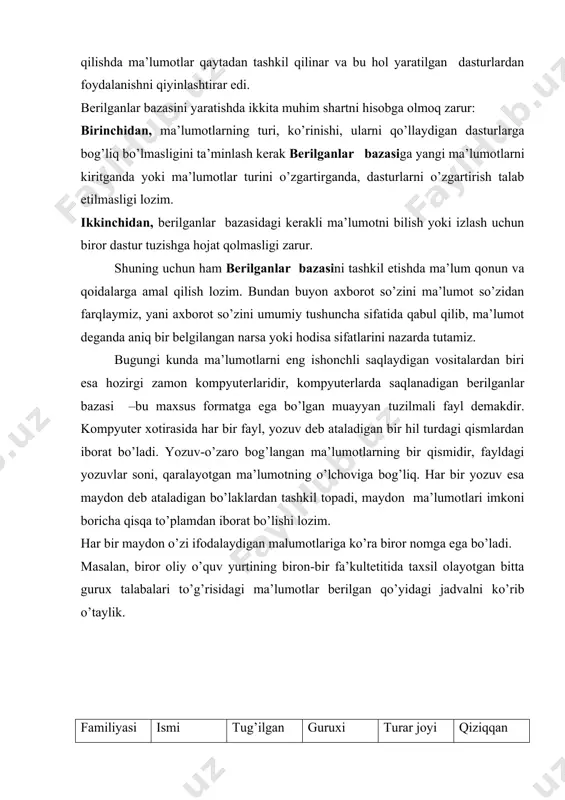 zasiga ruxsat berilmagan kirishdan ishonchli himoya qilishdan iborat. faqat foydalanuvchi va tashkilotlarga tegishli bo’lgan ma’lumotlarni tashkilot administratorlari kira olish va foydalanish huquqiga egalik qilishi mumkin. · миграция- ba’zi bir ma’lumotlar foydalanuvchilar tomonidan tez-tez ishlatilib turiladi, boshqalari esa faqat talab asosida ishlatiladi. shuni etiborga olib bunday ma’lumotlarni tashqi xotirada joylashtiradi sababi eng ko’p ishlatiladigan ma’lumotlarga murojaat qilish qulay amalga oshirilishi kerak bo’ladi. berilganlar bazasini boshqarish tizimida har bir berilganlar baza-lari modeli qo’yidagi xususiyatlari bo’yicha tavsiflanadi: 1. ma’lumotlar tuzilmalarining turi. 2. ma’lumotlar ustida bajariladigan amallar. 3. butunlikning cheklanganligi. bu xususiyatlarni e’tiborga olgan holda berilganlar bazasi modellari quydagi turlariga bo’linadi: · daraxtsimon (ierarxik) modellar · tarmoqli (to’rli) modellar · reliyasion modellar yana shu narsani ta’kidlash lozimki, berilganlar bazasi modellarining faqatgina yuqorida qayd qilingan modellari mavjud deyish noto’g’iri, chunki bulardan tashqari yana berilganlar bazasining binar munosabatlar modeli, er- modellari, semantic model kabi boshqa turlari ham mavjud. lekin amalda asosan dastlabki ta’kidlangan uch turli modellar …