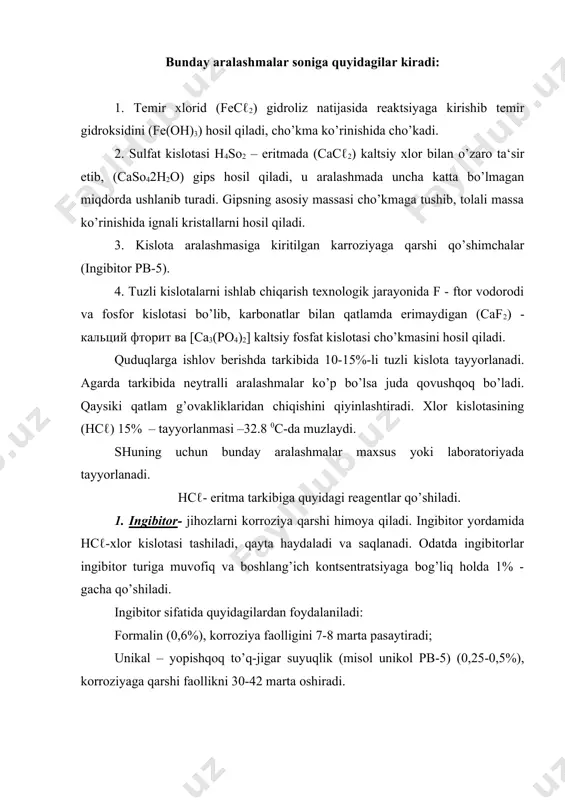 ndan sfm vazifasini bajaruvchi hisoblanadi. sfm-lar va jadallashtiruvchilar sifatida op-10, op-7, 44-11, 44-22 va boshqa bir qator reagentlar qo’llaniladi. 3. barqarorlashtirgichlar – hcℓ-бilan aralashmadagi temir bilan reaktsiyasini, aralashma va muvozanat holatida turishini ta‘minlaydi. h2 so4 + ba cℓ2 = ba so4 + 2hcℓ bunday holatlarda hcℓ - kislota haydash oldidan bariy xlorid (bacℓ2) qayta ishlanadi. hosil bo’lgan bariy sulfat kislotasi (baso4) aralashmani yengil ushlab turadi va qatlam g’ovakliklarida reaktsiyada hosil bo’lgan boshqa moddalarni suyuqlik holatida chiqib ketishini ta‘minlaydi. tuzli kislota cho’kmaga tutgan loylar bilan o’zaro reaktsiyaga kirib, alyuminiy tuzini hosil qiladi tsement va qumoqtoshlar bilan – gelli kremniy kislotasini hosil qiladi. bularni bartaraf etish uchun barqarorlashtiruvchi uksus (ch3cooh) va suzuvchi (hf) (vodorod ftor) kislotalar hamda boshqa kislotalar qo’llaniladi. (nf)-suzuvchi kislotasini 1-2% - miqdorda qo’shilishi gel kremniy kislotasini shakllanishini oldini oladi. bu kislota g’ovakliklarini bekitadi va tsement qobig’ini erishini yaxshilaydi. uksus kislotasi (ch3cooh) temir tuzini va alyuminiy eritmasini suyuq holda ushlab …