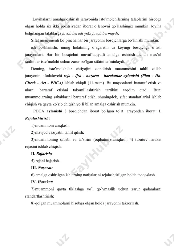 ini va bu xatolarni bartaraf etish uchun tuzatuvchi xatti-harakatlarni o`z ichiga oladi; · tashqi sabablarga ko`ra rad qilish xarajatlari iste’molchilar tomonidan mahsulotga bo`lgan da’volardan kelib chiqadi va tovarlarni qaytarish yoki tushirish xarajatlarini, talablarni baholashni, iste’molchiga ketish bilan tovarni tekshirishni, iste’molchi tashriflarini sifat talablari va kerakli tuzatuvchi xatti-harakatlarini o`z ichiga oladi. 12-rasmda sifat bahosini optimallashtirish uchun an’anaviy model ko`rsatilgan. ushbu modelni yaratish uchun bir qator taxminlarni hisobga olish kerak. birinchidan, rad qilish bilan bog`liq xarajatlar kamchiliklar sonining kamayishi bilan nolga intiladi. ikkinchidan, mahsulotni baholash va kamchiliklarni bartaraf etish xarajatlari kamchiliklarni kamaytirish bilan birga abadiylikka intiladi. loyihani amalga oshirish sifatini oshirishda xalqaro standartlashtirish tashkiloti (international organization for standardization) muhim rol o`ynaydi. xalqaro standartlar loyihani amalga oshirishning barcha bosqichlarida mahsulotlarni qonuniy talablarga mos kelmasligi ehtimoli haqida ogohlantirish orqali iste’molchini qondirishga qaratilgan sifat tizimlariga qo`yiladigan talablarni o`z ichiga oladi. ular birlashtirilgan bu’lib, muayyan sohaga bog`liq emas. xalqaro standartlashtirish tashkiloti tomonidan sifatni boshqarish bo`yicha 17 …
