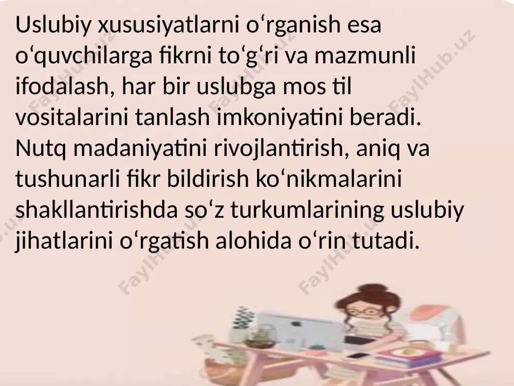 hga, uslubiy muvofiqlikni ta’minlashga xizmat qiladi dars jarayonida interfaol usullardan foydalanish, guruhli ishlarni tashkil etish va amaliy mashqlarni qo‘llash o‘quvchilarni faollashtiradi, darsni qiziqarli va samarali o‘tkazishga yordam beradi. natijada, o‘quvchilar nutqiy malakalarini mustahkamlash bilan birga, uslubiy tafakkurini rivojlantirishga erishadilar. bu esa ularga har bir vaziyatda eng mos so‘z va uslubni tanlash imkonini beradi. umuman olganda, so‘z turkumlarining uslubiy xususiyatlarini o‘rgatish ona tili fanining asosiy maqsadlaridan biri bo‘lib, o‘quvchilarning lingvistik ko‘nikmalarini yanada chuqurlashtirish va ularni hayotga tatbiq qilishda muhim o‘rin tutadi e'tiboringiz uchun rahmat image1.png image2.png image3.png image4.png image5.png image6.png image7.png image8.png image9.png image10.png image11.png image12.png image13.png image14.png image15.png