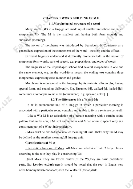 ;6)locative pr-s (supermarket; subway; international; transatlantic; overcome). suffixation is the formation of the ws with the help of suffixes to the root morpheme.the most common class-tion is according to the party-of-speech they serve to form : 1)noun-forming suffixes(ss): doer; sobriety; kingdom; darkness; administration; specialist; communism; development; marriage; variant; askee; actress; 2)adjective-forming ss:laughable;aimless;thankfull;dramatic,economic;serious;evident;stylish;-ative; 3)adverb-forming ss:loudly,lonely;forward;4)verb-forming ss:darken;realize;graduate;classify. according to the general meaning,they give to the w,ss may be subdivided into the following groups: 1.noun ss: 1)ss denoting agent,profession,occupation:-er,-eer(engineer),-ant,-ist; 2)ss denoting abstract ideas:-ness,-ship,-ment,-ism,-tion,-ty,-hood,-dom,-th; 3)ss denoting collectivity:-dom,-ship; 4)feminine ss:-ine,-ess; 5)diminutive ss:y/ie/ey; 2.adjective ss: 1)presence of quality:-ous,-full,-able; 2)absence of quality:-less. conversion(conv)is a type of w-b in which from some w already existing in the lang-ge a new w is made.the new w coincides with the old one in its phonetic shape but belongs to a diff-nt word class.there are 2 main cases of conv: 1)formation of verbs from nouns & rarely from other parts of …