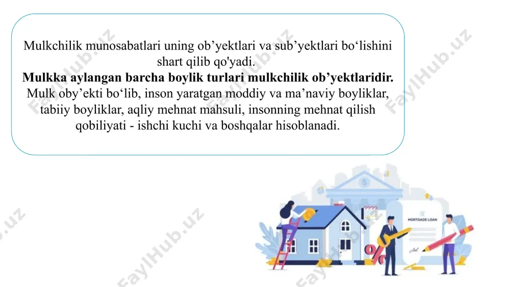 ‘zda tutadi. u bir qator yo’lar bilan amalga oshiriladi: davlat korxonalarini aksiyadorlik jamiyatiga aylantirish, davlat korxonasini sotib, uni jamoa mulkiga aylantirish; mulkni qiymatga qarab chiqarilgan cheklar (vaucher) bo‘yicha fuqarolarga bepul berish; mulkni ayrim tadbirkor va ish boshqaruvchilarga sotish; ayrim davlat korxonalarini chet el firma va fuqarolariga sotish yoki qarz hisobiga berish; davlat mol-mulkini auksionlarda kim oshdi savdosi orqali sotish va h.k. xususiylashtirishning usullari ham turli-tuman bo‘lib, ularini 3 guruhga ajratish mumkin: davlat mulkini bepul bo‘lib berish orqali xususiylashtirish; davlat mulkini sotish orqali xususiylashtirish; davlat mulkini bepul bo‘lib berish hamda sotishni uyg‘unlashtirish orqali xususiylashtirish. o‘zbekistonda mulkni davlat tasarrufidan chiqarish va xususiylashtirish jarayonini amalga oshirish bosqichlari tovar va uning xususiyatlari tovar - bu biron-bir naflilikka va qiymatga ega bo‘lgan, ayirboshlash uchun yaratilgan mehnat mahsuli. tovar ikki xususiyatga ega: bir tomondan, u kishilarining biror-bir narsaga bo‘lgan ehtiyojini qondira oladigan, ikkinchi tomondan esa, boshqa buyumlarga ayirboshlana oladigan, ya’ni oldi-sotdi jarayonidan оlа oladigan buyumdir. boshqacha …