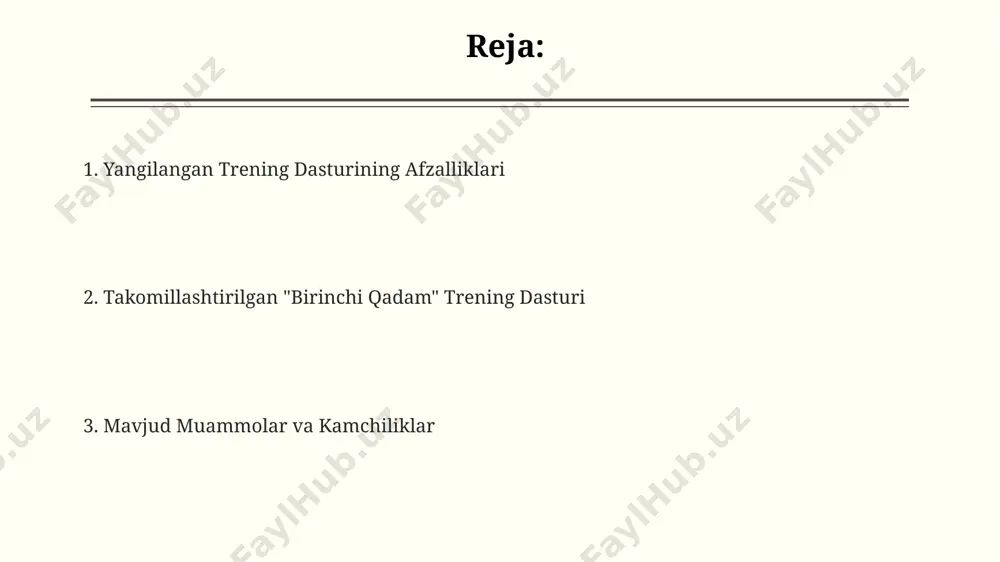 stur konsepsiyasi yangilangan dasturning samaradorligini baholash uchun 7 kunlik kuzatuv va 2 oylik monitoring o'tkazilib, natijalar 2024 yilning 1-choragida e’lon qilinadi. yangilangan dastur toshkent shahridagi 5 ta ta’lim muassasalarida 2023-yilning 1-martida sinovdan o’tkazilib, 300 dan ortiq ishtirokchiga qamrov ta’minlandi. dastur tarkibiga 10 ta yangi modul qo'shildi, jumladan, zamonaviy axborot texnologiyalari va samarqanddagi tajriba almashinuvi natijalari asosida ishlab chiqilgan 3 ta amaliy mashg'ulot. muammolar va kamchiliklar tahlili samarqand viloyatidagi 5 ta korxonada o'tkazilgan tahlil shuni ko'rsatdiki, mavjud dasturda amaliy mashg'ulotlarning etishmasligi va nazariy bilimlarni amaliyotga tatbiq etish bo'yicha ko'rsatmalarning yo'qligi ish samaradorligini 15% ga pasaytirgan. 2022-yilda o'tkazilgan so'rovnoma natijalariga ko'ra, toshkent shahridagi 150 ta yangi ishga qabul qilingan xodimlarning 30 foizi dastlabki tayyorgarlik dasturining samaradorligi pastligi haqida shikoyat qilgan. andijon shahridagi o'quv markazida o'tkazilgan tadqiqot natijalariga ko'ra, 70% ishtirokchilar dastlabki bosqichdagi ma'lumotlarning ortiqcha murakkabligi va tushunarli emasligi sababli qiyinchiliklarga duch kelishgan. kelajakdagi rejalar va tavsiyalar samarqand va buxoro viloyatlarida qo'shimcha trening …
