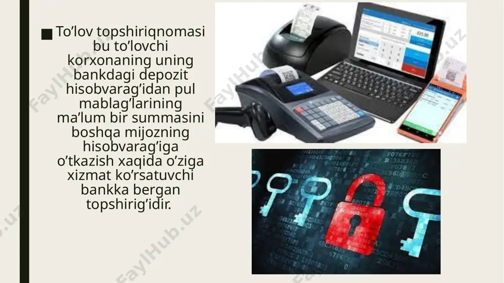 o’lov talabnomalarining oborotda bo’lishiga ruhsat etildi to’lov talabnomasi - bu mahsulot etkazib beruvchi va mablag’ oluvchilarning belgilangan summani to’lovchi bank orqali to’lashi to’g’risidagi talabnomani o’z ichiga olgan hisob-kitob hujjatidir. to’lov talabnomasi bo’yicha hisob-kitoblar «aktsept» shaklidagi hisob-kitoblar ham deb yuritiladi. «aktsept» so’zi lotin tilidan olingan bo’lib, rozilik ma’nosini anglatadi, ya’ni bu to’lovchining to’lovni amalga oshirish uchun bankka bergan roziligidir. aktsept shakli asosiy inkassaviy hisob-kitob shakli bo’lib hisoblanadi. agar 15 kun ichida to’lovchidan rozilik xati kelmasa to’lov talabnomasi to’lovni oluvchiga to’lanmasdan qaytariladi. salbiy aktsept esa sukut saqlash orqali bildiriladi, to’lovga norozilik yozma ravishda bildiriladi. agar to’lovga qarshi norozilik xati yozma ravishda kelib tushmasa bank tomonidan to’lov amalga oshiriladi. salbiy aktseptning o’zi to’lovni amalga oshirish muddatiga ko’ra oldindan aktsept va so’nggi aktseptga bo’linadi. talabnomani oldindan aktseptlash usulida hisob-kitoblar o’tkazilganda talabnomaning puli aktseptlash muddati tugagandan so’ng, ya’ni ertasi kuni to’lanadi. image1.jpeg image2.jpeg