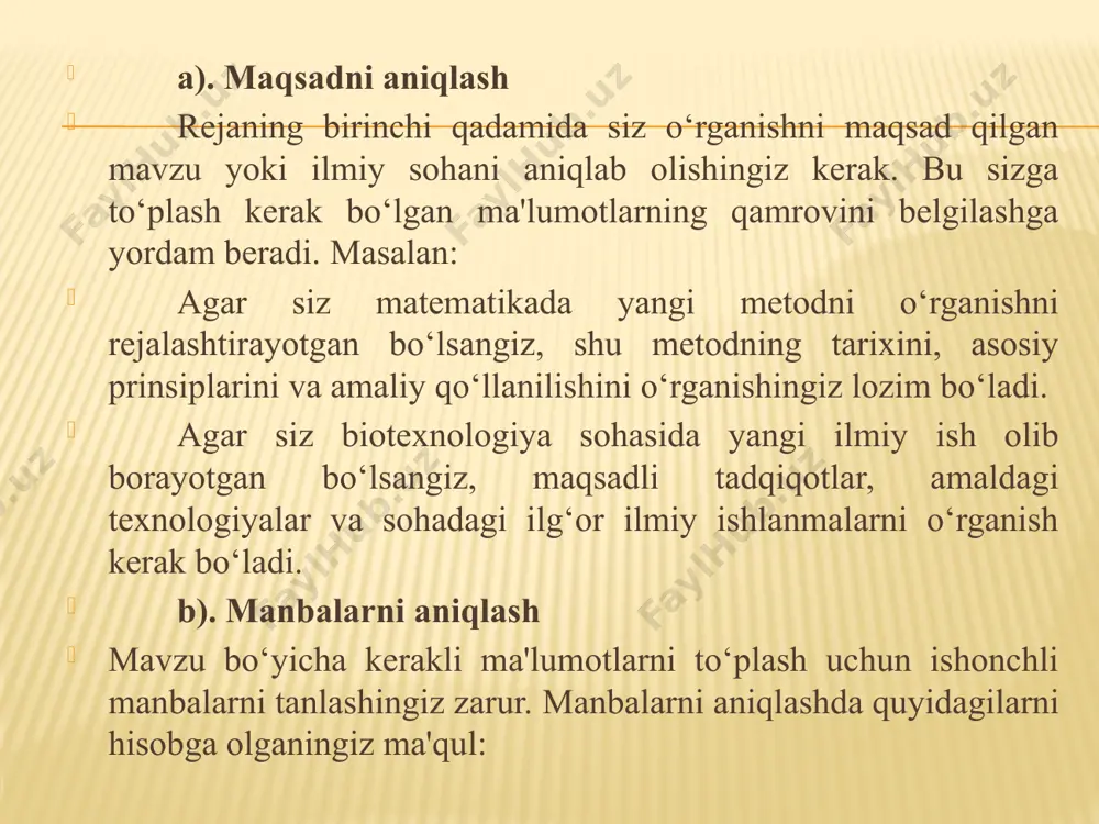 hafta, tahlil qilish – 1 hafta, natijalar chiqarish – 1 hafta). ijodiy va tahliliy ishlarga bir xil vaqt ajratish va har ikkisini ham muvozanatda olib borish. e). qayta ko‘rib chiqish va baholash o‘rganish jarayonida o‘z rejangizni doimiy ravishda qayta ko‘rib chiqish va baholash muhim. agar biror ma'lumot manbasi kerak bo‘lmagan yoki noto‘g‘ri bo‘lsa, uni o‘zgartirish yoki yangi manbalarni izlash zarur bo‘ladi. ilmiy maqsadlarni belgilash: ilmiy maqsadlarni belgilash – bu akademik faoliyatda muvaffaqiyatga erishish uchun muhim qadamdir. maqsadlar aniq va o‘lchovli bo‘lishi kerak, chunki ular ilmiy ishning yo‘nalishini belgilab beradi va sizni kerakli natijalarga olib boradi. ilmiy maqsadlarni belgilash jarayonini quyidagi bosqichlar orqali samarali tashkil qilish mumkin: a). maqsadlarni aniqlash maqsadni belgilashda quyidagi savollarga javob topishga harakat qiling: nima qilishni xohlayman? bu ilmiy tadqiqotning asosiy yo‘nalishi va maqsadidir. masalan, yangi metod ishlab chiqish, ilmiy masalani yechish, ma'lum bir fenomenni tahlil qilish. nega bu maqsad muhim? maqsadning ilmiy, ijtimoiy yoki amaliy ahamiyatini …