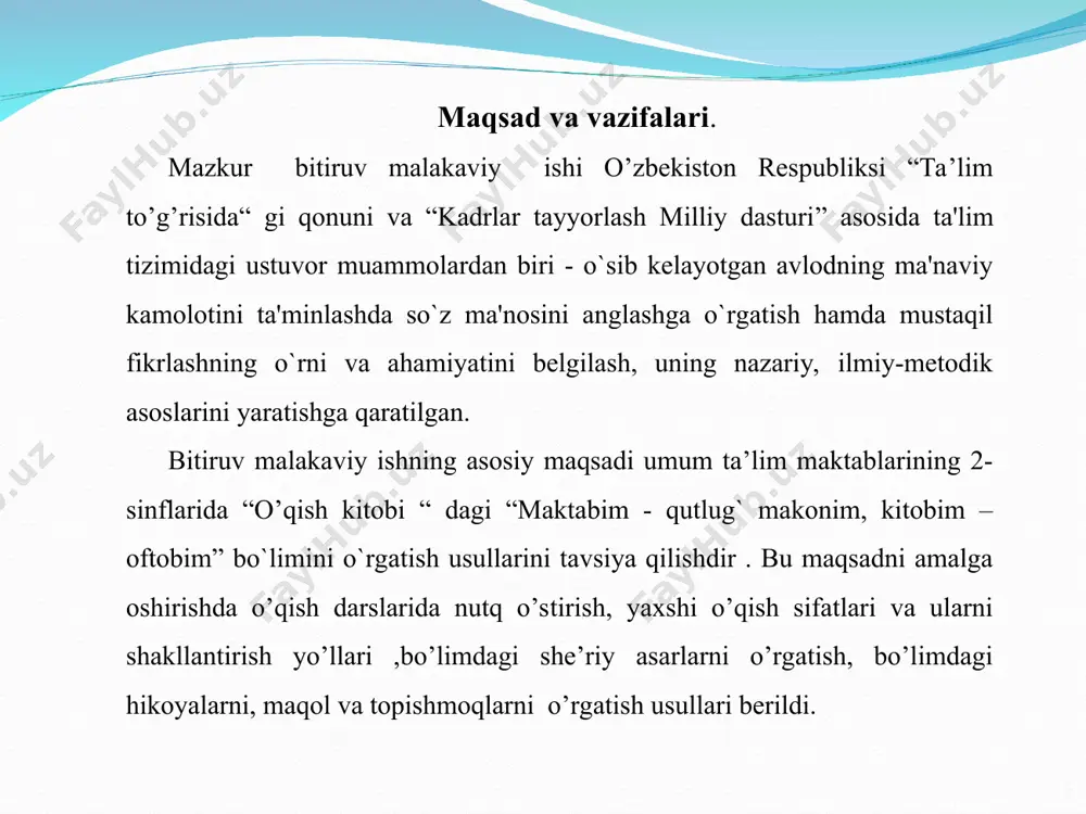 da yangi matnlar ustida ish olib boriladi. hikoya, ertak, shе'r, masal va ilmiy-ommabop maqolalar ustida ishlashda o`ziga xos tartib-tizim bo`lgani holda, har bir mashg`ulotda o`quvchilarning ongli, to`g`ri, ifodali, tеz va ichdan o`qish malakalarini shakllantirish uchun muayyan usullar qo`llanib, ularga xos ishlar mashqqa aylanib boradi. o`qish darslarida ta`lim-tarbiya vazifalari o`quvchilarga bilim va ko`nikmalarning ma`lum majmuini egallatishni, ularda kоmil insоn uchun zarur bo`lgan shaxsiy sifatlarni shakllantirish bilan bоg`lab amalga оshiriladi. 2-sinfda o’quvchilarga so’zlarni butunligicha sidirg’asiga o’qish malakasi shakllanadi. o’qishning to’g’ri ifodali bo’lishiga erishiladi. o’qish sur’ati tezlashadi. bu sinfda o’quvchilar matnning ayrim qismlarini, qisqa hikoyalarni ichida mustaqil o’qishga o’tadilar. matn ustida ishlash murakkablashib boradi. bolalar o’qituvchi rahbarligida asarning asosiy mazmunini aniqlaydilar, qahramonlarning hatti xarakatini ifodalovchi so’z va iboralarni topishga, voqea-hodisalarni so’z bilan tasvirlashga o’rganadilar. ularda so’z boyliqga talab ortadi. ii bob. bo`limdagi shе'riy asarlarni o‘rgatish 2.1.boshlang`ich sinfda shе'riy asarlar ustida ishlash she'r ohang jihatidan ma'lum bir tartibga solingan, his-tuyg'u ifodasi sifatida vujudga kelgan …