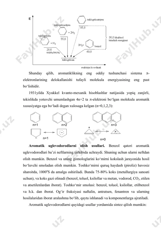 (e+) reagentlar bilan reaksiyaga kirib aromatik halqadagi bir yoki bir nechta vodorod atomini hujum qilayotgan elektrofil guruhga almashtiradi: elektrofil o‘rin almashinish reaksiyasi mexanizmi elektrofil o‘rin almashinish reaksiyasining umumiy ko‘rinishini ifodalash uchun elektrofil zarrachani eқ deb belgilaymiz. aromatik qatorda yuqorida keltirilgan barcha o‘rin almashinishlar bir xilda ya’ni elektrofil zarrachani aromatik -elektron sistemaga hujumi bilan boradi va aromatik birikma bilan elektrofil zarracha orasida kuchsiz bog‘langan -kompleks hosil bo‘ladi. bu kompleksda aromatik birikma donor, elektrofil zarracha esa akseptor vazifasini bajaradi: hosil bo‘lgan -kompleks -kompleksga aylanadi va bu aylanish jarayonida aromatik -sistema buzilib hujumga uchragan uglerod atomi sp2 gibridlanishdan sp3 gibrid holatiga o‘tadi, elektrofil yeq uglerod bilan haqiqiy kovalent bog‘ hosil qiladi: eelektrofil almashinish reaksiyasi -kompleksdan proton ajralib chiqishi va aromatik -elektronlar sistemasini tiklanishi bilan tugaydi: o‘rin almashishning yo‘nalishi. aromatik yadroda o‘rin almashinish reaksiyalari quyidagi qoidaga bo‘ysinadi: 1. kirib keluvchi guruhning aromatik yadrodagi o‘rni yadrodagi o‘rinbosar(lar) xarakteri bilan belgilanadi; 2.o‘rinbosarlar ikki guruhga bo‘linadi: a) …