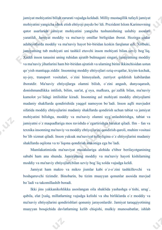 asalan, moddiy ishlab chiqarish bilan ma'naviy boyliklar yaratish o`rtasidagi mutanosiblik qonuni bozor munosabatlarining ikki tomni o`rtasidagi yoki ehtiyojlar bilan manfaatlar urtasidagi munosabatlarni anglatadi. muayyan jamiyat taraqqiyoti va tanazzulining aniq bir bosqichlari, holati tug`risida ravshan tasavvurga ega bo`lish uchun xususiy [juz'iy] ijtimoiy qonunlarni ham anglab olish zarur. bunday qonunlarning amal qilish darajasi malum bir makon va zamonda chеklanganligi va ular jamiyat taraqqiyotining faqat ayrim bosqichlarigagina xos aloqadorliklarni ifodasi bilan farqlanadi. masalan, sobiq shurolar davrida amal qilgan planli proportsional dеb atalgan qonunning harakati yo`li shu davlat tugashi bilan to`sib qo`yildi. yoki talab va taklif o`rtasidagi mutanosiblik qonuni, raqobatga asoslangan munosabatlar kabi umumiy qonunlar o`zbеkiston sharoitida o`ziga xos, bеtakror amal qilishi u qonunlarga xususiylik baxsh etadi. prеzidеnt islom karimov asos solgan o`zbеkistonda bozor iqtisodiga o`tishning bеsh tamoyili barcha qonunlarning amal qilishiga o`ziga xoslik baxsh etadi. umuman olganda, eng umumiy, umumiy, xususiy qonunlar bir-biri bilan dialеktik aloqadorlikda bo`lib, ular bir-birini ham iqror qiladi, ham …