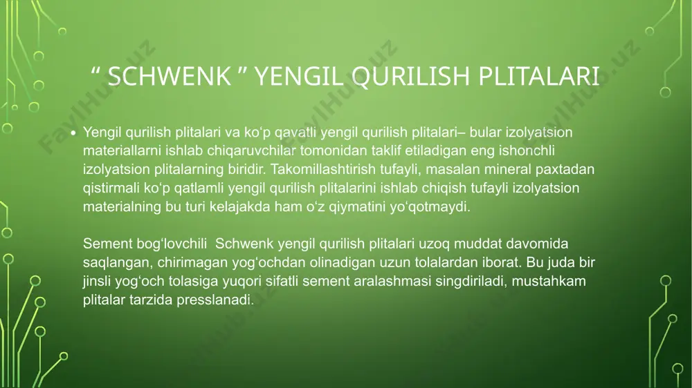 an “ schwenk ” izolyatsiya g‘ishtlari yog‘och qipig‘idan tayyorlangan ― schwenk izolyatsion g‘ishtlari ikki tomonlama issiqlik izolyatsiyasini, issiqlikni optimal akkumulyatsiyalashni, yuqori havo singdiruvchanligini va juda yaxshi tovush izolyatsiyasini o‘zida mujassamlashtirgan. sanab o‘tilgan xossalari tufayli bu g‘ishtlar ajoyib devor materiali hisoblanadi. yog‘och ming yillar mobaynida sinalgan tabiiy izolyatsion material sifatida foydalanib kelinayotgani yog‘och qipig‘idan izolyatsion g‘isht yaratishga turtki bo‘ldi. yog‘och qipiqlari minerallashtiriladi, ya‘ni sement yordamida toshga o‘xshash materialga aylanadi. bunda g‘ovakli struktura buzilmaydi, bu esa yaxshi izolyatsion xossalarni ta‘minlash nuqtai nazaridan juda muhimdir. shu tarzda olingan izolyatsion material qoliplarda presslanadi. yog‘och qipiqli ―schwenk izolyatsiya g‘ishtlaridan tiklangan devorlar yog‘och va betonning afzalliklariga ega bo‘lib, ularning kamchiliklarini o‘zida saqlamaydi. yog‘och qipiqlaridan tayyorlangan ― schwenk izolyatsiya g‘ishtlaridan foydalanish oddiyligi bilan ajralib turadi. ular quruq holida terilib, beton bilan to‘ldiriladi. bunda issiqlik ko‘priklari bo‘lmaydi, chunki aralashma to‘ldirilgan choklar bo‘lmaydi. xulosa "schwenk" yengil qurilish plitalari yuqori issiqlik va tovush izolyatsiyasi, chidamlilik va ekologik xavfsizlik kabi afzalliklari …