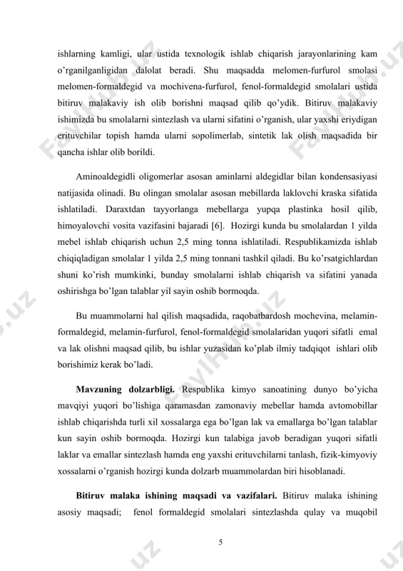 ina va melaminoformaldegid, fenol formaldegid, melamin furfurol smolalarni va ularning modifikatsiyalari to’g’risida ilmiy ishlarning kamligi, ular ustida texnologik ishlab chiqarish jarayonlarining kam o’rganilganligidan dalolat beradi. shu maqsadda melomen-furfurol smolasi melomen-formaldegid va mochivena-furfurol, fenol-formaldegid smolalari ustida bitiruv malakaviy ish olib borishni maqsad qilib qo’ydik. bitiruv malakaviy ishimizda bu smolalarni sintezlash va ularni sifatini o’rganish, ular yaxshi eriydigan erituvchilar topish hamda ularni sopolimerlab, sintetik lak olish maqsadida bir qancha ishlar olib borildi. aminoaldegidli oligomerlar asosan aminlarni aldegidlar bilan kondensasiyasi natijasida olinadi. bu olingan smolalar asosan mebillarda laklovchi kraska sifatida ishlatiladi. daraxtdan tayyorlanga mebellarga yupqa plastinka hosil qilib, himoyalovchi vosita vazifasini bajaradi [6]. hozirgi kunda bu smolalardan 1 yilda mebel ishlab chiqarish uchun 2,5 ming tonna ishlatiladi. respublikamizda ishlab chiqiqladigan smolalar 1 yilda 2,5 ming tonnani tashkil qiladi. bu ko’rsatgichlardan shuni ko’rish mumkinki, bunday smolalarni ishlab chiqarish va sifatini yanada oshirishga bo’lgan talablar yil sayin oshib bormoqda. bu muammolarni hal qilish maqsadida, raqobatbardosh …