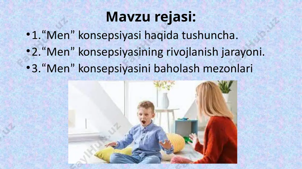 l o'zi o'rtasidagi farqni ko'rsatadi. unga ko'ra, haqiqiy o'zini anglash orqali inson o'z maqsadlariga erishadi va shaxsiy qoniqishga erishadi. maslow esa bu jarayonni o'z-o'zini aktuallashtirish deb ataydi, bu shaxsning barcha qobiliyatlarini to'liq amalga oshirish jarayonidir. shunday qilib, "men" konsepsiyasi insonning ruhiy rivojlanishi va hayotiy qoniqishlari bilan bog'liq muhim omil sifatida qaraladi. 2. "men" konsepsiyasining rivojlanish jarayoni "men" konsepsiyasi psixologiyada vaqt o'tishi bilan rivojlanib bordi. xix asr oxiri va xx asr boshlarida zigmund freudning psixoanalitik yondashuvi ushbu tushunchaning asoslarini belgilab berdi. freyd "men"ni shaxsiyatning uch qismidan biri sifatida tasvirlab, uning vazifasi id va superego o'rtasidagi ziddiyatlarni hal qilish ekanini ta'kidladi. xx asrning 40-50-yillarida carl rogers insoniylik psixologiyani rivojlantirib, "men" tushunchasiga yangi yondashuvni kiritdi. unga ko'ra, inson o'z tajribalarini to'liq qabul qilgan holda o'zini rivojlantirishi mumkin. 1960-yillarda abraham maslowning "o'z-o'zini aktuallashtirish" nazariyasi "men" konsepsiyasining rivojlanishiga katta hissa qo'shdi. uning fikricha, insonning maqsadi o'z potentsialini to'liq amalga oshirishdir. keyinchalik bu nazariyalar kognitiv psixologlar …