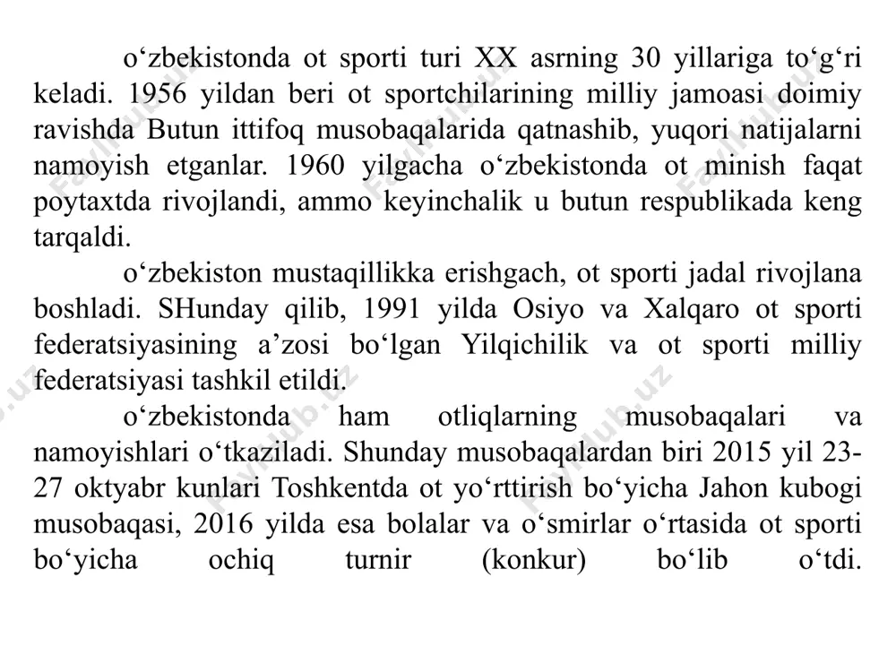 da salt minib yurish, otni foydali va juda chiroyli harakatlanishini namoyish etadi. oliy darajadagi yurishning harakatlari quyidagilar: tisarilish – ot to‘g‘ri chiziq bo‘ylab tisariladi. yonbosh harakatlanish – ot oyog‘i chapga, o‘nga, ko‘ndlangiga va diagonal bo‘ylab tashlanishi kerak. galop chopishida oyoqlarning almashtirib tashlanishini – bu harakatlanish usuli juda qiyin hisoblanadi. yarim piruet va piruet – odimlab yurish yoki galop chopish vaqtida otning orqa oyoqlari joyidan qo‘zg‘almasdan tanasining oldingi qismi aylana yasab 180 – 360 gradusga tekis buriladi. passaj – ritmik ravishda kalta yo‘rtish, ya’ni otning odimi kalta, lekin baland bo‘ladi, bunda ot tanasi yerdan biroz ko‘tarilib, oyoqlari yig‘ilgan holda bo‘ladi. piaffe– otning joyida turib yo‘rtish harakatlarini bajarishi, bunda yerdan ko‘tarilish holati bo‘lmaydi uzoq masofaga chopish – otning pishiqligi va chopish tezligini sinab ko‘rish maqsadida o‘tkaziladi. masofa 7 km dan 100 km gacha bo‘lib, bu musobaqaga sog‘lom, mahsus tayyorlangan har xil zotli otlar qatnashishi mumkin. oliy darajada yurishda “piaffe” o‘yinining bajarilishi. yuqori …