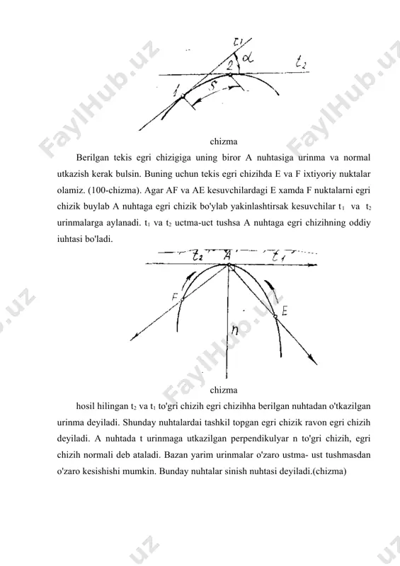 i chizihlar deyiladi. bunday chizihlar to'hri chizih bilan eng ko'pi ikkinchi nuhtada kesishadi. ikkinchi tartibli egri chizihlar va ularning xususiyatlaridan mashinasozlikda, binokorlikda, optikada, artileriyada, aviatsiyalarda va xalk xo'jaligining boshha tarmohlarida keng tarhalgan. shuning uchun bu chizihlar mukammal o'rganiladi. ularga aylana, ellips, parabola, giperbola va ularniig xususiy xollari kiradi. 7.fazoviy egri chizihlar va ularga urinma hamda normallar o'tkazish. ta'rif. hamma nuhtalari bitta tekislikda yonma-yon egri chizih fazoviy egri chizih deyiladi. urinma tekislik ko'yidagicha yasaladi. s nuhta orhali t1 va t2 yarim urinmalar o'tkazilgan (112-chizma) sa va sb kesuvchi to'hri chizihlar t1sa va t2sb kesuvchi r1 va r2 tekisliklarni hosil kiladi. a va b ni s ga yahinlashtirib borsak, r1 va r2, t1 va t2 yarim urinmalar atrofida aylana boshlaydi. r-urinma tekislik h-normal tekislik n2-binormal tekislik n1-boshnormal h- rostlovchi tekiclik. № nomi, ta'rifi va analitik tenglamasi tasviri 1 aylana markazi deb ataluvchi nuktadan teng masofalarga joylashgan nuktalarning tuplami aylana deb aytiladi. x2+y2=r2 …
