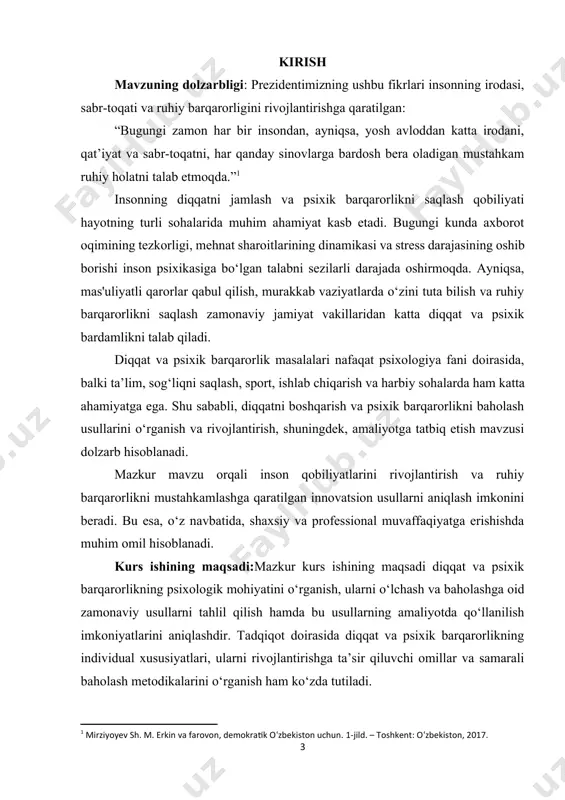 vbatida, shaxsiy va professional muvaffaqiyatga erishishda muhim omil hisoblanadi. kurs ishining maqsadi:mazkur kurs ishining maqsadi diqqat va psixik barqarorlikning psixologik mohiyatini o‘rganish, ularni o‘lchash va baholashga oid zamonaviy usullarni tahlil qilish hamda bu usullarning amaliyotda qo‘llanilish imkoniyatlarini aniqlashdir. tadqiqot doirasida diqqat va psixik barqarorlikning individual xususiyatlari, ularni rivojlantirishga ta’sir qiluvchi omillar va samarali baholash metodikalarini o‘rganish ham ko‘zda tutiladi. ushbu maqsad insonning shaxsiy va kasbiy rivojlanishiga xizmat qiluvchi texnologiyalarni ishlab chiqish, ruhiy sog‘liqni mustahkamlash hamda stressni boshqarish bo‘yicha ilmiy asoslangan tavsiyalarni ishlab chiqishga zamin yaratadi. kurs ishining vazifalari:diqqat va psixik barqarorlik tushunchalarining nazariy asoslarini o‘rganish. diqqat va psixik barqarorlikni shakllantiruvchi va ularga ta’sir ko‘rsatuvchi omillarni aniqlash. diqqat va psixik barqarorlikni o‘lchashga oid zamonaviy usullarni tahlil qilish. olingan bilimlarni amaliyotga tatbiq etish imkoniyatlarini o‘rganish. insonning diqqat qobiliyati va psixik barqarorligini rivojlantirish bo‘yicha tavsiyalar ishlab chiqish. kurs ishining obyekti:diqqat va psixik barqarorlikning shakllanishi, namoyon bo‘lishi va o‘lchanishi bilan bog‘liq psixologik jarayonlar kurs …