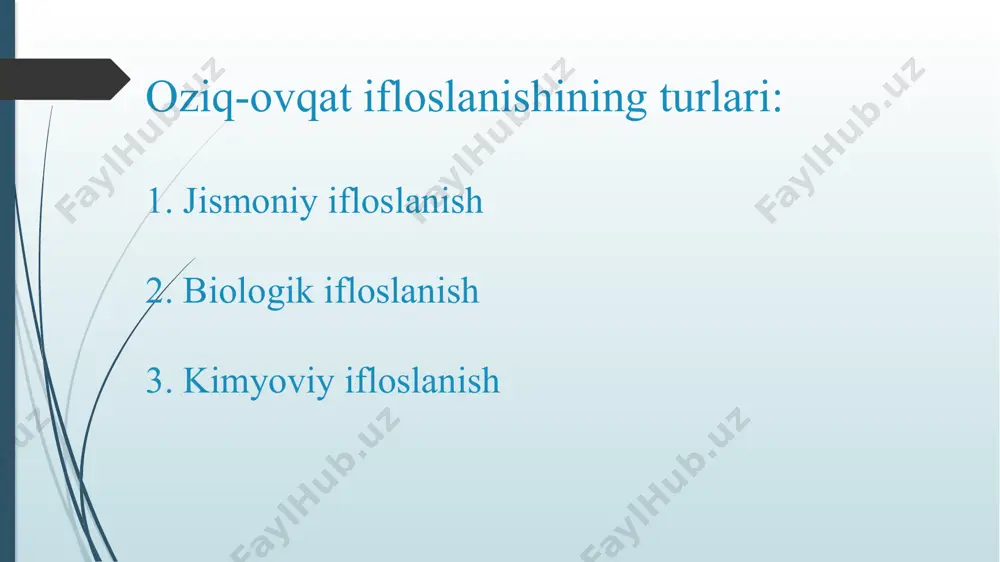 arga chalingan odamlarning immuniteti past bo'lib, ular mikrob va kasalliklarga qarshi kurasha olmaydi. aynan shuning uchun ular ovqatdan zaharlanish xavfi yuqori. bunday odamlarda jiddiy asoratlar, shu jumladan o'lim xavfi yuqori. oziq-ovqat mahsulotlarining ifloslanishining oldini olish choralari oziq-ovqat mahsulotlarining ifloslanishini oldini olish strategiyalarning kombinatsiyasini talab qiladi, jumladan: yaxshi gigiena amaliyotlari: oziq-ovqat mahsulotlarini qayta ishlovchilar qo'llarini tez-tez yuvish, toza kiyim kiyish va tegishli sanitariya qoidalaridan foydalanish kabi yaxshi gigiena qoidalariga rioya qilishlari kerak. oziq-ovqatlarni to'g'ri saqlash: oziq-ovqatlar ifloslanishning oldini olish uchun tegishli haroratda va to'g'ri idishlarda saqlanishi kerak. xom go'sht, masalan, o'zaro kontaminatsiyani oldini olish uchun boshqa oziq-ovqatlardan alohida saqlanishi kerak. xavfsiz oziq-ovqat tayyorlash: oziq-ovqat toza muhitda tayyorlanishi kerak, asbob-uskunalar va idishlar to'g'ri tozalanishi va tozalanishi kerak. to'g'ri pishirish harorati: oziq-ovqat zararli bakteriyalarni o'ldirish uchun tegishli haroratda pishirilishi kerak. usda qiyma go'shtni 160 ° f, parranda go'shtini 165 ° f va cho'chqa go'shtini 145 ° f gacha pishirishni tavsiya qiladi. muntazam tekshiruvlar: …