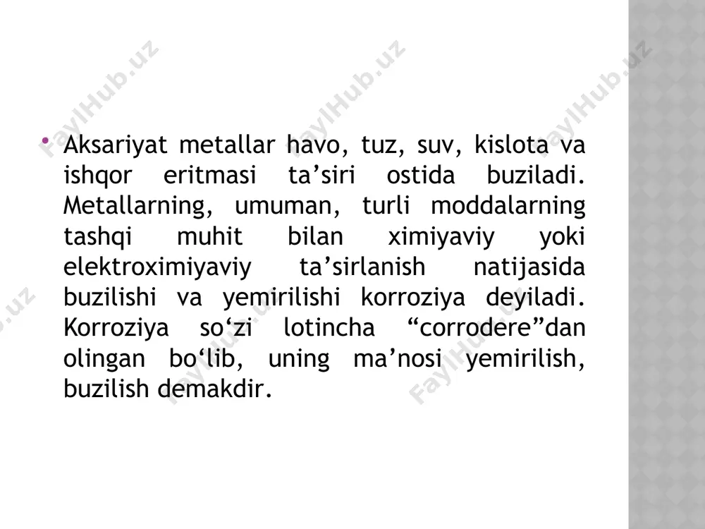 tallning o‘zi qutblarni tutashtiruvchi o‘tkazgich vazifasini bajaradi. natijada galvanik elementlar ishlay boshlaydi. bu vaqtda yuqorida ko‘rib o‘tilgandek, elektromanfiyroq metall manfiy qutb bo‘lib, u eriydi, ya’ni yemiriladi. bu galvanik elementlar oldingi mavzularda qo‘rib o‘tilgan galvanik elementlardan o‘zining nixoyatda kichikligi bilan farq qiladi. korroziya protsessida hosil bo‘lgan galvanik elementlar mikroelement yoki submikroelement deyiladi. bu galvanik elementlarning oddiy galvanik elementlardan yana bir farqi shuki, ular, ko‘pincha, ko‘p (ikkitadan ortiq) kutbli bo‘ladi. bunday ko‘p qo‘tubli galvanik elementlarning ishlash prinsipi oddiy-ikki qutubli galvanik elementlarning ishlash prinsipidan farq qilmaydi. korroziya protsessida haqiqatan ham mikroelementlar hosil bo‘lishini g.v.akimov tajribalar asosida isbot qildi va, umuman, elektr tokining korroziyaga ta’sirini to‘la tekshirdi. mikroelementlarda katod va anod bir-biriga juda yaqin turishi natijasida metall yuzasi yalpi korroziyalanadi, agar katod bilan anod oraligi nisbatan katta bulsa, metall xol-xol korroziyalanadi. shuni ham aytib o‘tish kerakki, vaqt o‘tishi bilan katod va anod qisimlar bir-biriga nisbatan siljishi mumkin. kislota eritmasiga tushirilgan metallning korroziyalanish protsessi tasvirlab …