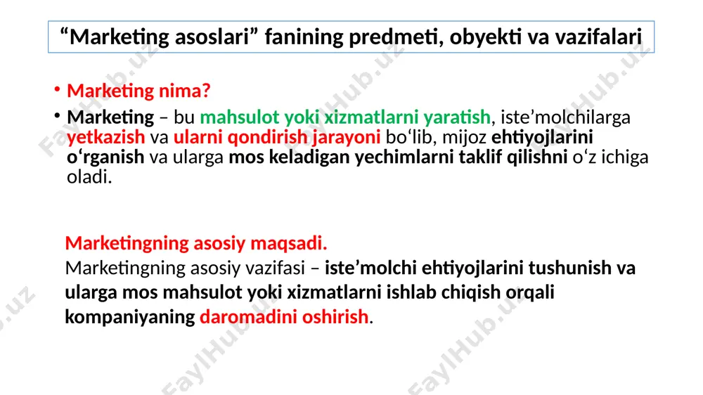 i mumkin. jon harvi djonsning ushbu ta’rifi marketingni biznesda faqat reklama yoki sotish vositasi emas, balki umumiy strategiyaning ajralmas qismi sifatida ko‘rish kerakligini anglatadi. ya’ni, marketing kompaniyaning muvaffaqiyat strategiyasini shakllantiruvchi va amalga oshiruvchi asosiy omillardan biri hisoblanadi. marketing mazmuni va terminologiyasi yangilanib boradi, lekin ular boshdan ayirboshlash jarayoni, tovar-pul munosabatlari paydo bo‘lishi, sotish shakllarini rivojlanishi hamda iste’molchilarni tovar va xizmatlar bilan o‘zaro harakati bilan bog‘lanadi. marketing elementlarining paydo bo‘lishi xix - asrning o‘rtalariga borib taqaladi. bu davrgacha tovarlarni natural ayirboshlashni turli shakllari paydo bo‘ladi, keyinchalik marketing faoliyatini birinchi elementlari, ya’ni reklama, narx, sotish kabilarni rivojlanishi kuzatildi. 1902 yildan boshlab aqshning michigan, kaliforniya va illinoys universitetlarida marketing fani kiritilib, bu muammolar bo‘yicha ma’ruzalar o‘qitila boshladi. keyinchalik marketing assotsiatsiyalari tashkil topdi. 1948 yildan boshlab marketing tovarlar va xizmatlar oqimini ishlab chiqaruvchidan oxirgi pirovard iste’molchi tomon yo‘naltirilgan xo‘jalik faoliyatini har xil turlarini amalga oshirish sifatida ko‘rina boshladi. marketing tushunchasi bozor sohasini har qanday …