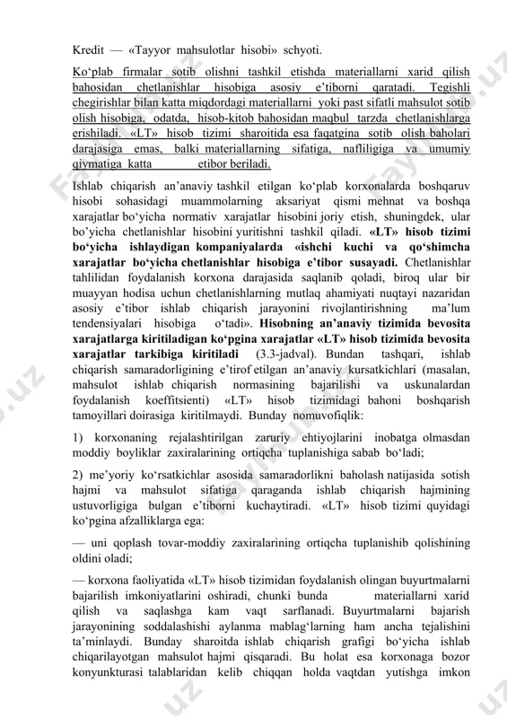 uxgalteriya hisobining 21-sonli milliy standartiga binoan moddiy boyliklar harakati bo‘yicha buxgalteriya yozuvlari quyidagi tarzda amalga oshiriladi: 1. pudratchilardan moddiy zaxiralarning kelib tushishi: debet — «materiallar hisobi» schyotlari. 1010 kredit — «mol yetkazib beruvchilar va pudratchilarga tulanadigan schyotlar» schyoti. 6010 2. tovar - moddiy zaxiralar omborxonadan xisobdan chiqarishga berildi: debet — «asosiy ishlab chiqarish» schyoti. 2010 kredit — «materiallar hisobi» schyotlari. 1010 3. tayyor mahsulotlar omborga qabul qilindi: debet — «tayyor mahsulotlar hisobi» schyoti. 2810 kredit — «asosiy ishlab chiqarish» schyoti. 2010 4. tayyor mahsulotlarni junatish va sotish: debet — «sotilgan mahsulot (ishlar, xizmatlar) tannarxi hisobi» schyoti. kredit — «tayyor mahsulotlar hisobi» schyoti. ko‘plab firmalar sotib olishni tashkil etishda materiallarni xarid qilish bahosidan chetlanishlar hisobiga asosiy e’tiborni qaratadi. tegishli chegirishlar bilan katta miqdordagi materiallarni yoki past sifatli mahsulot sotib olish hisobiga, odatda, hisob-kitob bahosidan maqbul tarzda chetlanishlarga erishiladi. «lt» hisob tizimi sharoitida esa faqatgina sotib olish baholari darajasiga emas, balki materiallarning …