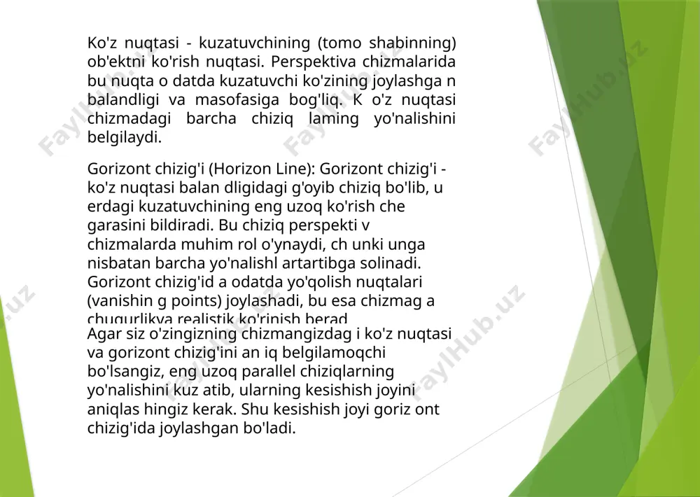 kartinaga 45o bnrchak ostidagi to’g’ri chiziqlar perspcktivada distansion nuqtalardan birida uchrashar ekan (2-qoida). b'l dan ки perpcndikular chiziq o’tkazilib ii ik aniqlanadi. /?/a?dan vertikal chiziq chizilib, unga b'lb' balandlik o’lchab qo’yilib, p bilan tutashtirilsa, b' nuqtaning perspektivasi в orqali o’tadi. gap shundaki, shisha ustida rasmni bu tarzda qurish faqat ob'ektlami bir ko'z bilan ko'rishda amalga oshirilishi kerak, kuzatuvchi esa tabiatdagi narsalami tasvirlashda va atrofdagi narsalami kuzatishda ularga ikki ko'z bilan qaraydi. ammo istiqbol - bu bir nuqtadan ko'rinadigan raqamlami qurish usuli. shu munosabat bilan shuni esda tutish kerakki, ko'pincha istiqbolda tasvirlangan shakllar mutlaqo haqiqiy bo'lmagan ko'rinadi. shuning uchun, istiqbolni qurishda, yaratilayotgan tasvir optik illyuziyadan boshqa narsa emasligini tushunish kerak. shuning uchun uch o'ichamli ob’ektning tasviri nafaqat uning tashqi belgilarini, balki rasm tekisligining xususiyatlarini, kosmosdagi uch o'lchovli shaklni vizual idrok etishni va istiqbolli tasviming naqshlarini ham bilishni talab qiladi. 1.1. perspektiv nazariyasidagiasosiy tushunchalar va ta’riflar to'g'ri burchakli izometrik proyeksiyada ko'rib chiqish …