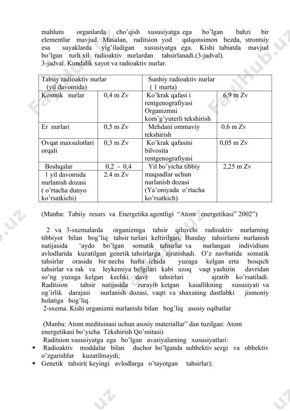 larning ionizatsiya ‘otentsialiga bog’liq. ionizatsiya ‘otentsiali yuqori bo’lganda xatto bir xil radionurlanish dozaga ega bo’lgan radiatsiyanig tahsiri oshadi. masalan γ- nurlarga qaraganda α- nurlar yuqoriroq bo’lgan ionizatsiya ‘otentsialiga ega va, demak, ularning tahsir ko’llami kengroqdir. atom ‘ortlashlarining ichki va tashqi tahsir shakllarini farqlashadi. aeslarda avariya sodir bo’lganda ,ayniqsa yadro ‘ortlashlarda aholi ichki va tashqi nurlanish turlari tahsiriga chalinishi mumkin. tashqi nurlanishning o’ziga xos bo’lgan xususiyatlari: α-nurlar uncha katta tahsir kuchiga ega emas. chunki ular kiyim va teri ko’lamlari bilan ushlanib qolinadi. bundan tashqari, β-nurlar ham juda katta tahsir kuchiga ega emas. faqat ko’z va teri nurlanishi bundan mustasno. β-nurlar organizmga kirib borish kuchga ega va nurlanish dozasidan kelib chiqqan holda organizmning ichki organlarini shikastlantirishi mumkin. ichki nurlanishning o’ziga xos bo’lgan xususiyatlari: α- nurlar kuchsiz kirib borish xususiyatiga ega bo’lsa ham ular katta energiyaga ega bo’lib, etib borgan xujayralarga kuchli tahsir qilishi mumkin. nafas olinayotgan havo, ovqat va ichimli suv orqali …