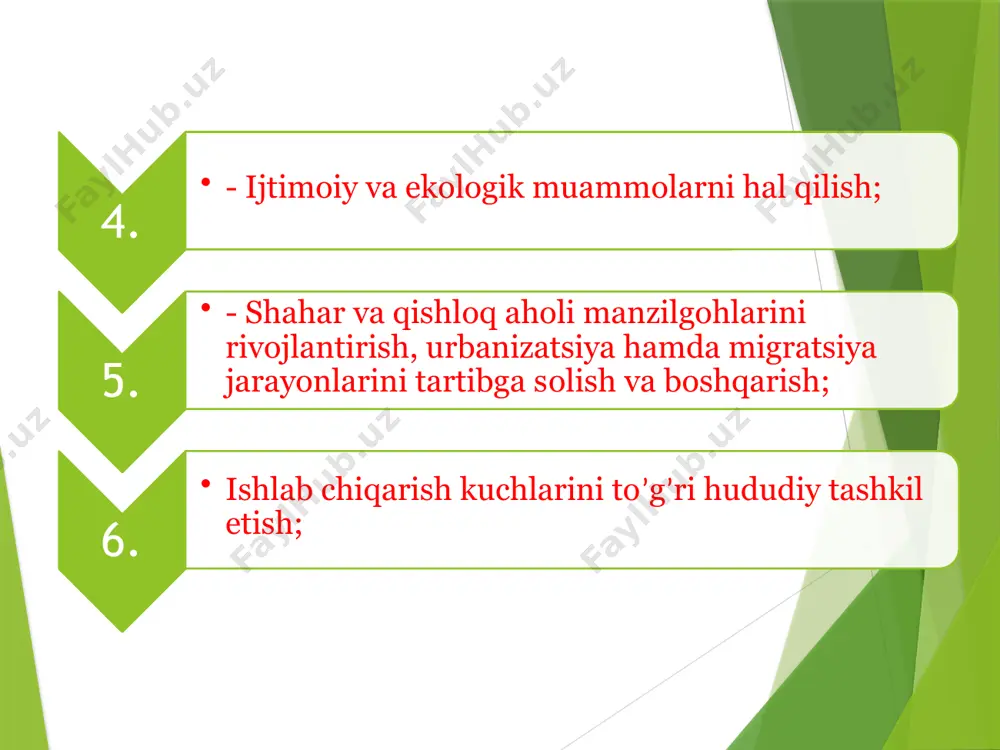 diy zonalar texnoparklar va kichik sanoat zonalari samaradorligini oshirish, yangilarini tashkil etish borasida amalga oshirilayotgan ishlar muhim ahamiyat kasb etmoqda. erkin iqtisodiy zona — mintaqani jadal ijtimoiy-iqtisodiy rivojlantirish uchun mamlakat va chet el kapitalini, istiqbolli texnologiya va boshqaruv tajribasini jalb etish maqsadida tuziladigan, aniq belgilangan ma’muriy chegaralari va alohida huquqiy tartiboti bo‘lgan maxsus ajratilgan hududdir. mustaqillik -yillarida o`zbеkiston mintaqaviy siyosatining asosiy yo`nalishlari bugungi kunda o‘zbekistonning 10 ta mintaqasida 21 ta erkin iqtisodiy zona faoliyat yuritmoqda elzlardan 9 tasi sanoat, 7 tasi farmaseftika, 2 tasi qishloq xo‘jal igi, bittasi turizm, bittasi transport-logistika va yana bittasi sport anjomlari ishlab chiqarishga ixtisoslashgan. elzlarda 402 ta korxona, firma ro‘yxatdan o‘tgan. “erkin iqtisodiy zonalar” kategoriyasiga “erkin savdo zonasi”, “maxsus iqtisodiy zona”, “maxsus industrial zona” kabi 30 dan ziyod nomdagi maxsus iqtisodiy-ma’muriy hududlar kiritiladi. mintaqalar rivojlanishidagi eng muhim vazifalardan biri turli hududlar aholisining turmush darajasi bo‘yicha tafovutlarni bartaraf etishdan iborat. ushbu vazifani bajarishda rivojlanish darajasi past …