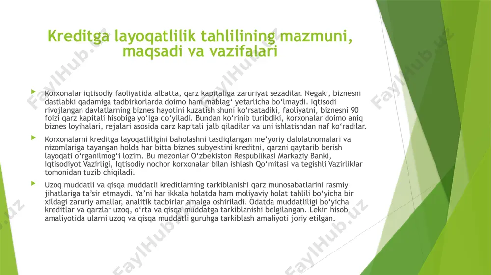 hamiyat qaratiladi: baholash elementlari ko‘rsatkichlari mijozning faoliyatni rivojlantirishga intilishi o‘sish dinamikasi o‘zgaruvchanlik istiqbollik mahsulot (ish, xizmat)larga talabning o‘zgarishi mijozlar tavsifi bozor hajmi va sifat ko‘rsatkichlari sotish hajmi baho belgilash tartibi sotish rejasi talabning barqarorligi tovarning almashuvchanligi xavf-xatarlar taklifning o‘zgarishi raqobatchilar holati jo‘natmalar muvofiqligi jo‘natmalar xavf-xatari narxning barqarorligi ishchi kuchi bilan bog‘liq sabablar xalqaro valyutaga talabning mavjudligi mahsulotning sifat tasnifi texnologiya darajasi mahsulot sifati kapital va mehnat sig‘imi raqobat darajasi raqobatchilar raqobatning intensivligi bozorga kirishdagi to‘siqlar peshqadam raqobatchilarning bozordagi ulushi kreditga layoqatlilik tahlilining maqsadi – korxonalarning kredit, qarz mablag‘larini jalb etishi yuzasidan ularning moliyaviy holati va natijalarini tahlil etish orqali pul mablag‘larini ko‘paytirish imkoniyatlarini retrospektiv tahlilini amalga oshirishdan iborat. korxonalarning kreditga layoqatligini baholashda tahlil oldiga quyidagi vazifalar qo‘yiladi: korxonalarning kreditga layoqatliligini davriy oraliqlar bo‘yicha o‘rganish; korxonalarning moliyaviy barqarorligi, aktivlar va kapital foydaliligini baholash; mablag‘larni joylashinuvidagi holat, ularning aylanuvchanligini baholash; muddati o‘tgan majburiyatlarning holati, korxonalarning moliyaviy mustaqillik darajasidagi o‘zgarishlar, sotish hajmidagi o‘sish, …